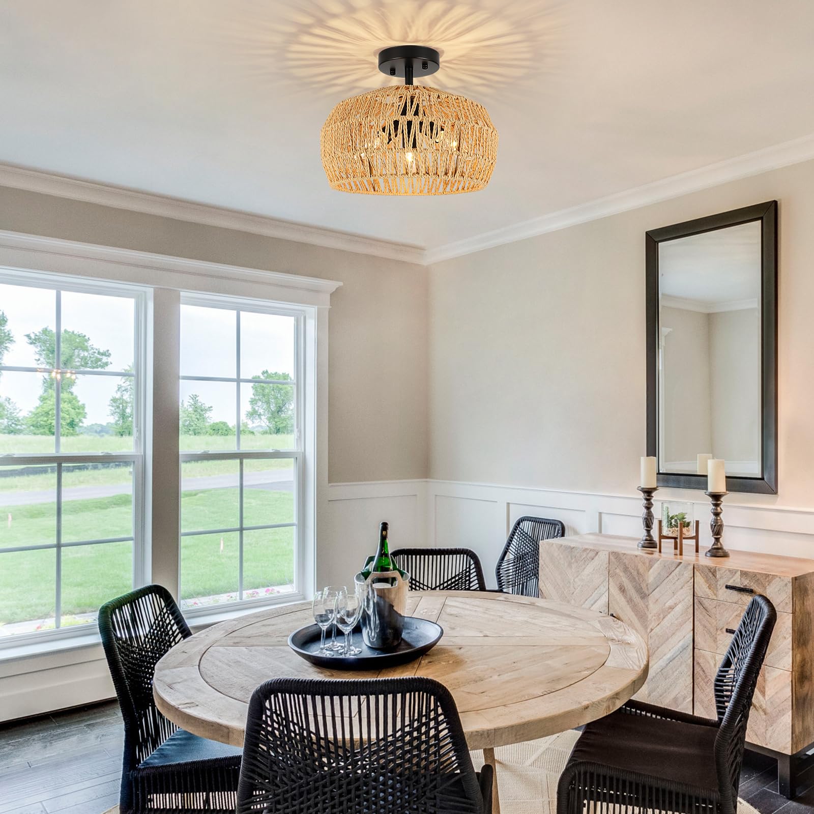 Foucasal Rattan Light Fixtures Ceiling Mount, 3-Lights Boho Semi Flush Mount Ceiling Light, Farmhouse Woven Ceiling Lighting, Ru