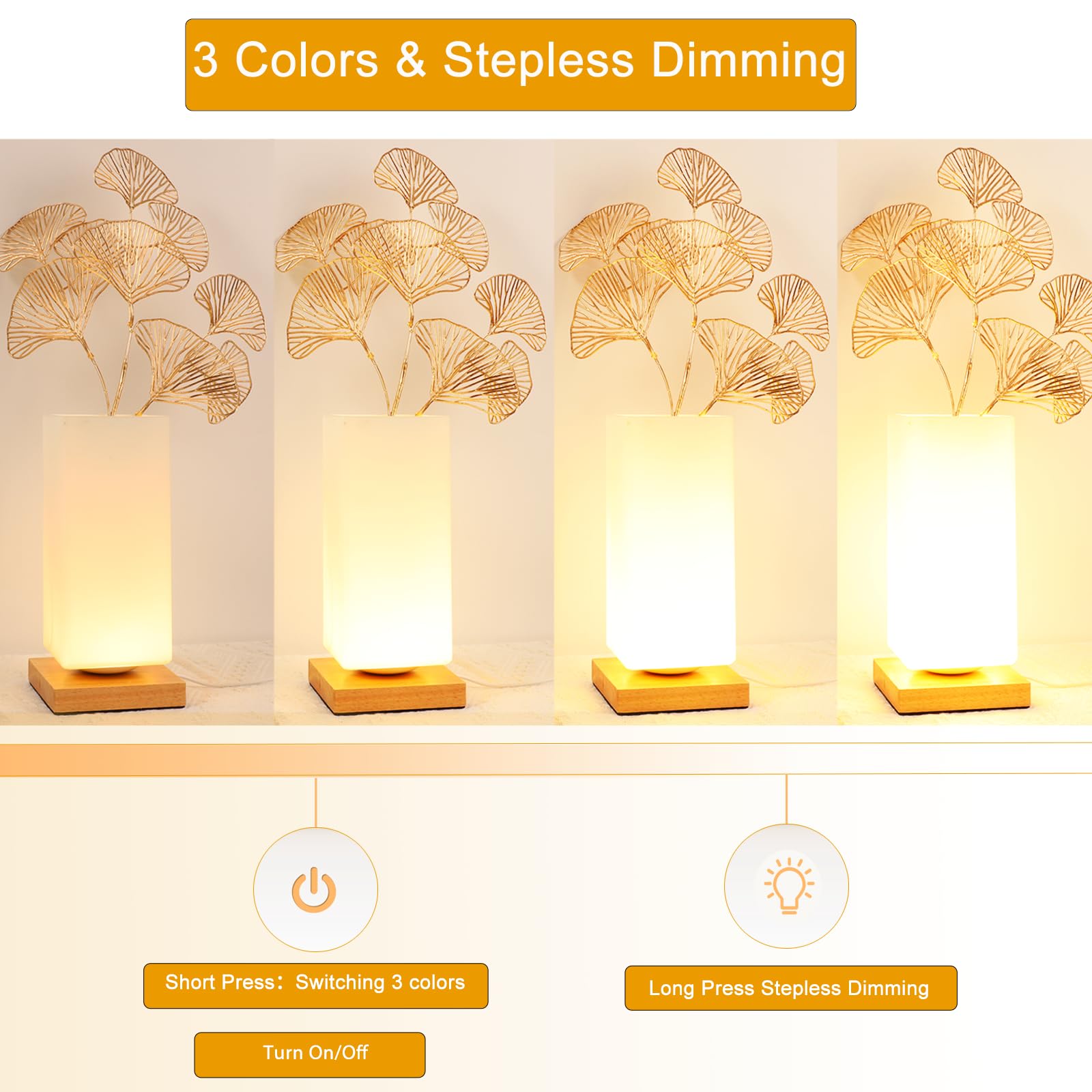 Floresita Rechargeable Touch Table Lamp, Dimmable 3 Colors, Frosted Glass Shade, Wood Base, White