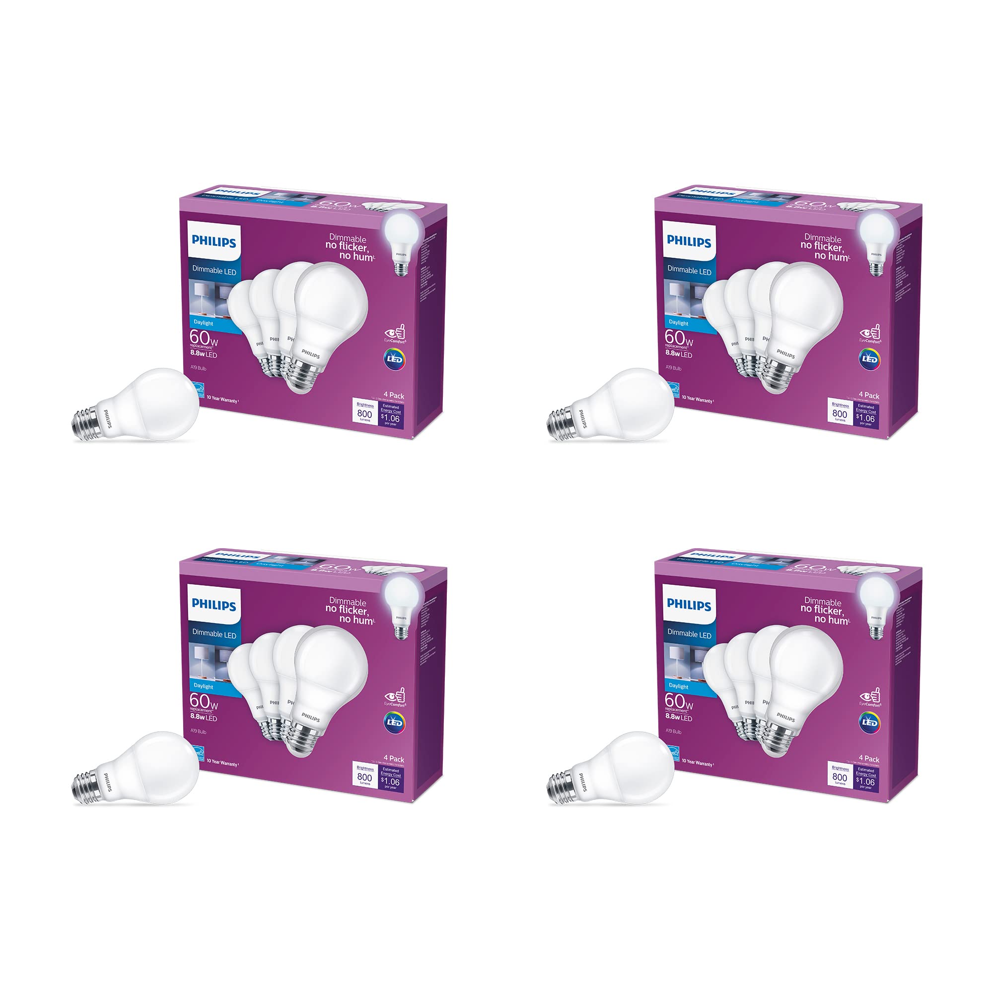 Philips LED A19 Light Bulb 10W (60W Equivalent) Soft White 800 Lumen EyeComfort Technology 16-Pack E26 Base