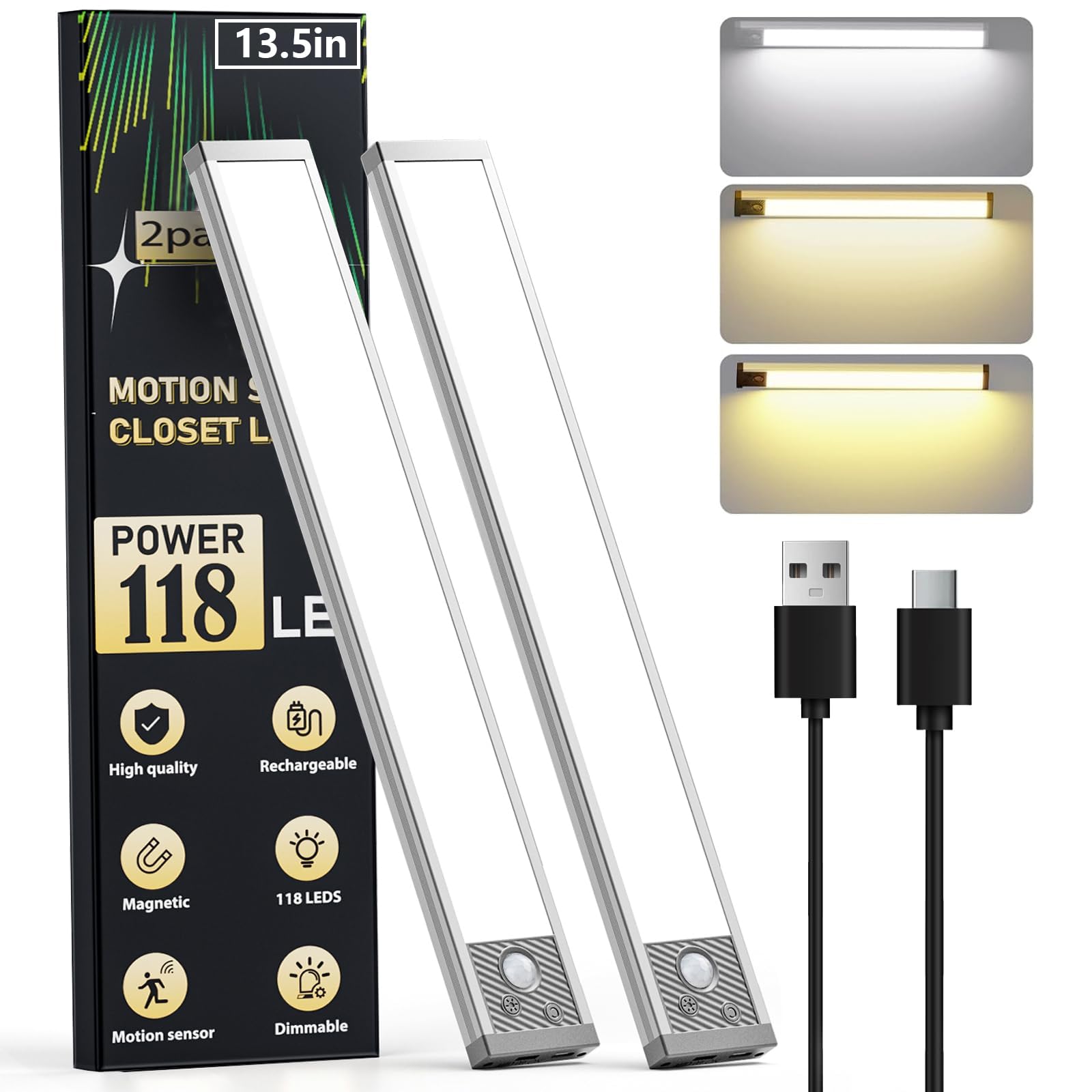 13.5Inch Under Cabinet Lighting  3200mAh Under Cabinet Lights Motion Sensor 3 Color  Rechargeable 118LED Magnetic Light Bar Indoor Wireless Battery Operated Closet Lights for Kitchen Home Stairs 2Pack