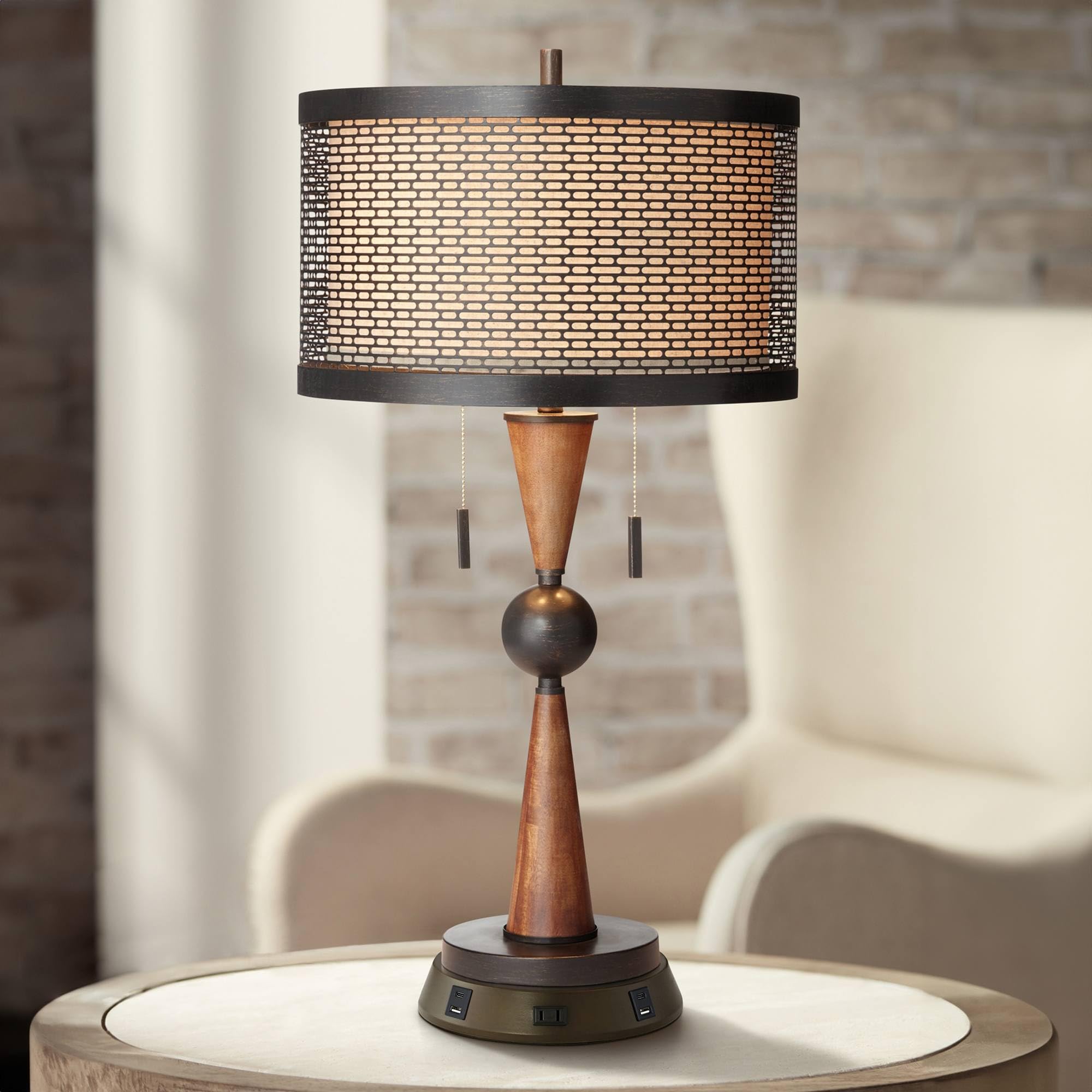 Franklin Iron Works Hunter Rustic Farmhouse Table Lamp with USB and AC Power Outlet Workstation Charging Base 28.75 Tall Bronze 