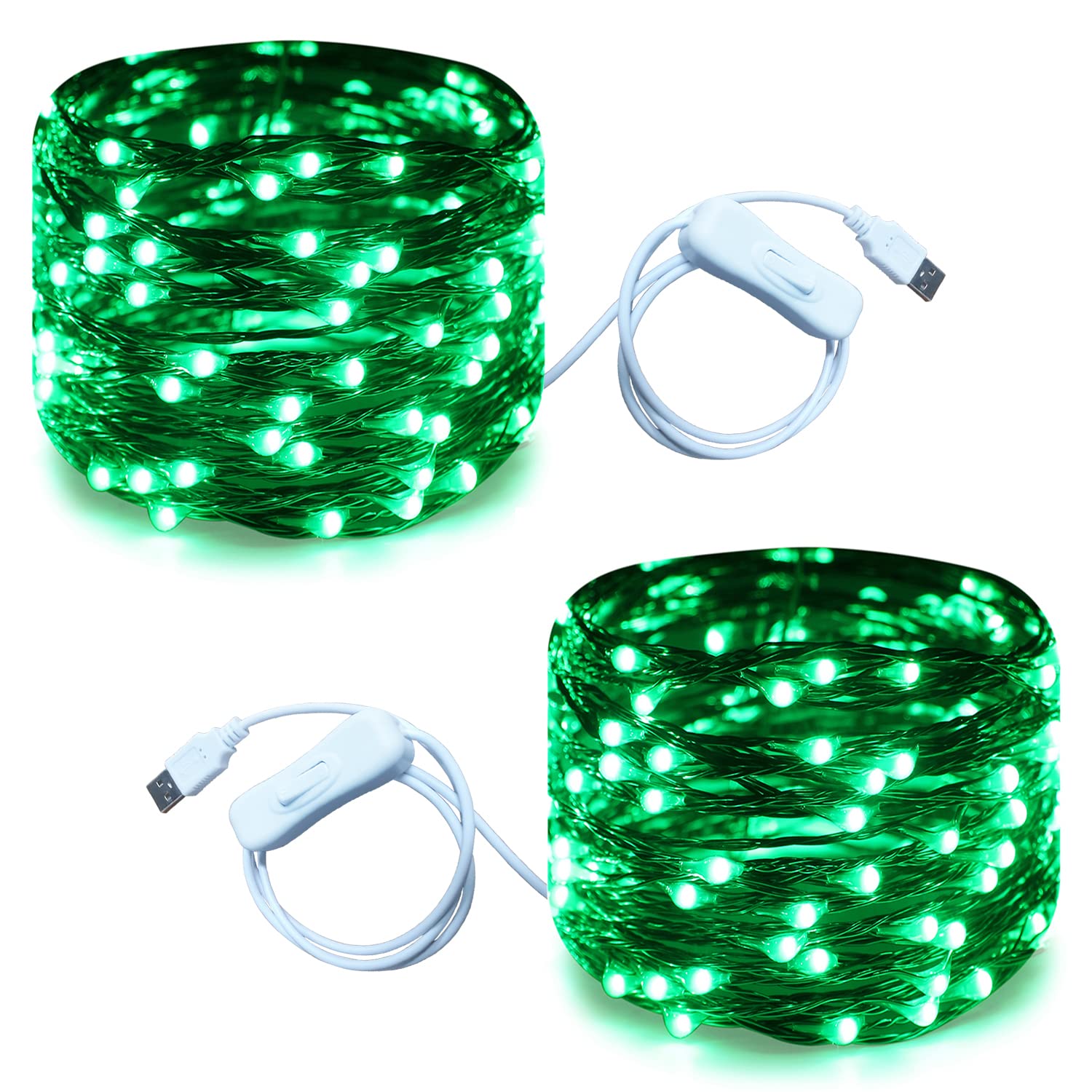 Ruichen 20 Ft Green Usb Fairy Lights, 120 Led Waterproof Copper Wire Lights, 2 Pack