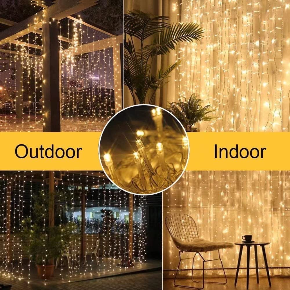 LiyuanQ Solar Curtain Lights, 300 LED, 8 Modes, Waterproof, Warm White, 2 Pack for Outdoor Garden Decoration