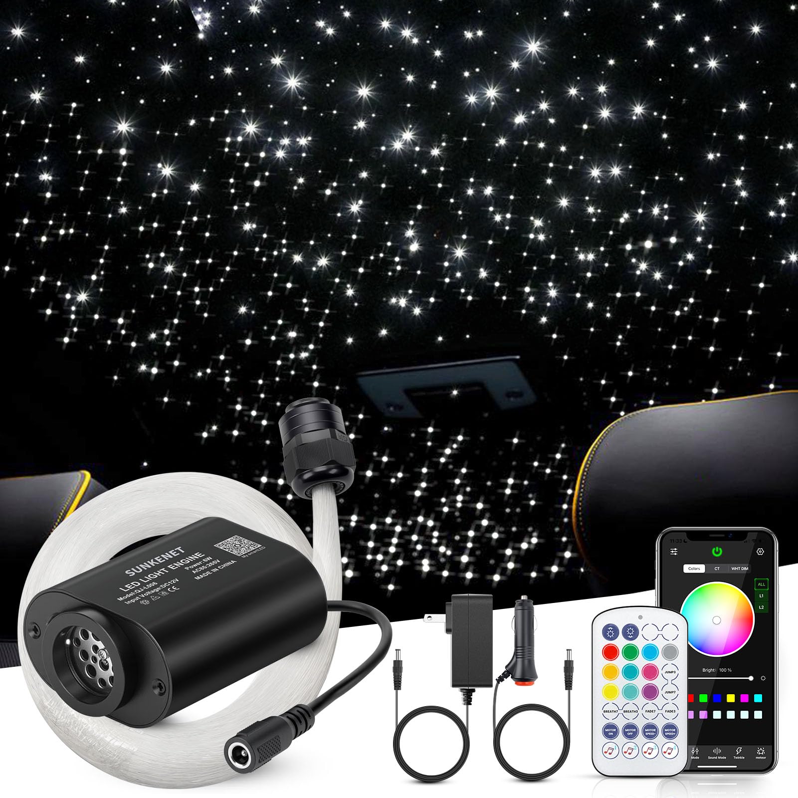 SUNKENET 6W Mini Size Twinkle 550pcs*0.03in*9.8ft Starlight Headliner Kit  Star Lights for Car with Bluetooth APP/28key Remote Control/Music Effect  RGBW Fiber Optic Lights for Home Ceiling