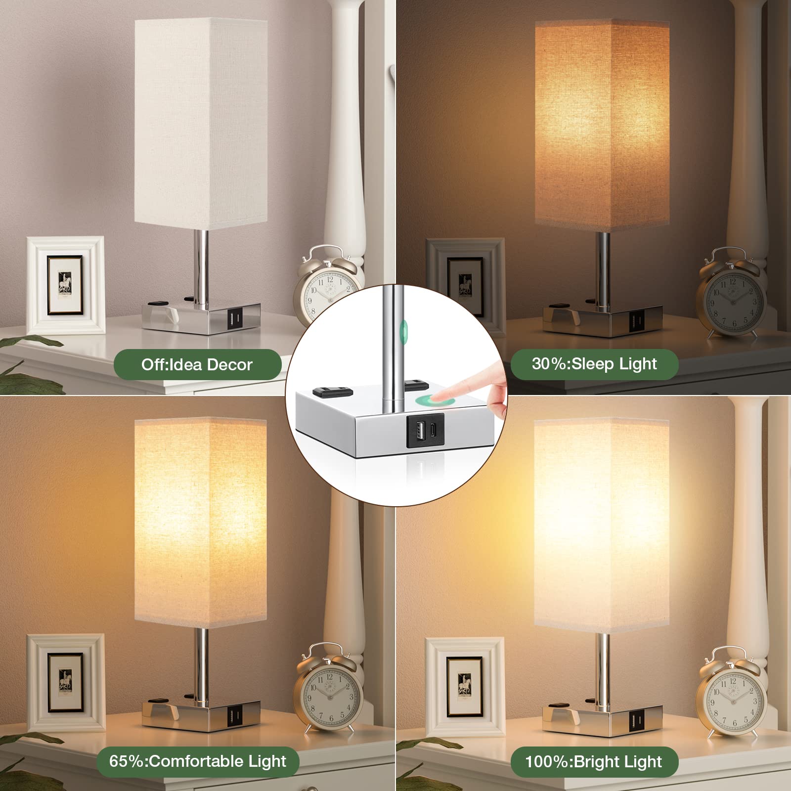 Aooshine Beige Set Of 2 Touch Lamp With Usb Port-Nightstand Lamp With Usb-C+A Charge Ports& Ac Outlets, 3-Way Dimmable Bedside L