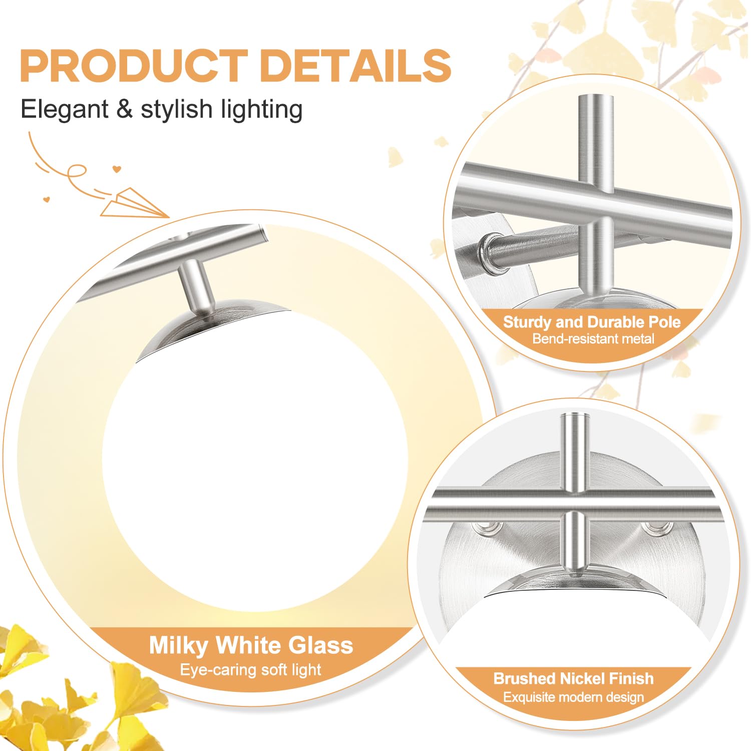 3-Light Bathroom Light Fixtures  Brushed Nickel Vanity Lights For Bathroom With Milky White Ball Shades  18.9 Inch Bathroom Lighting Fixtures Over Mirror  Wall Sconce For Bedroom (Bulb Not Included)