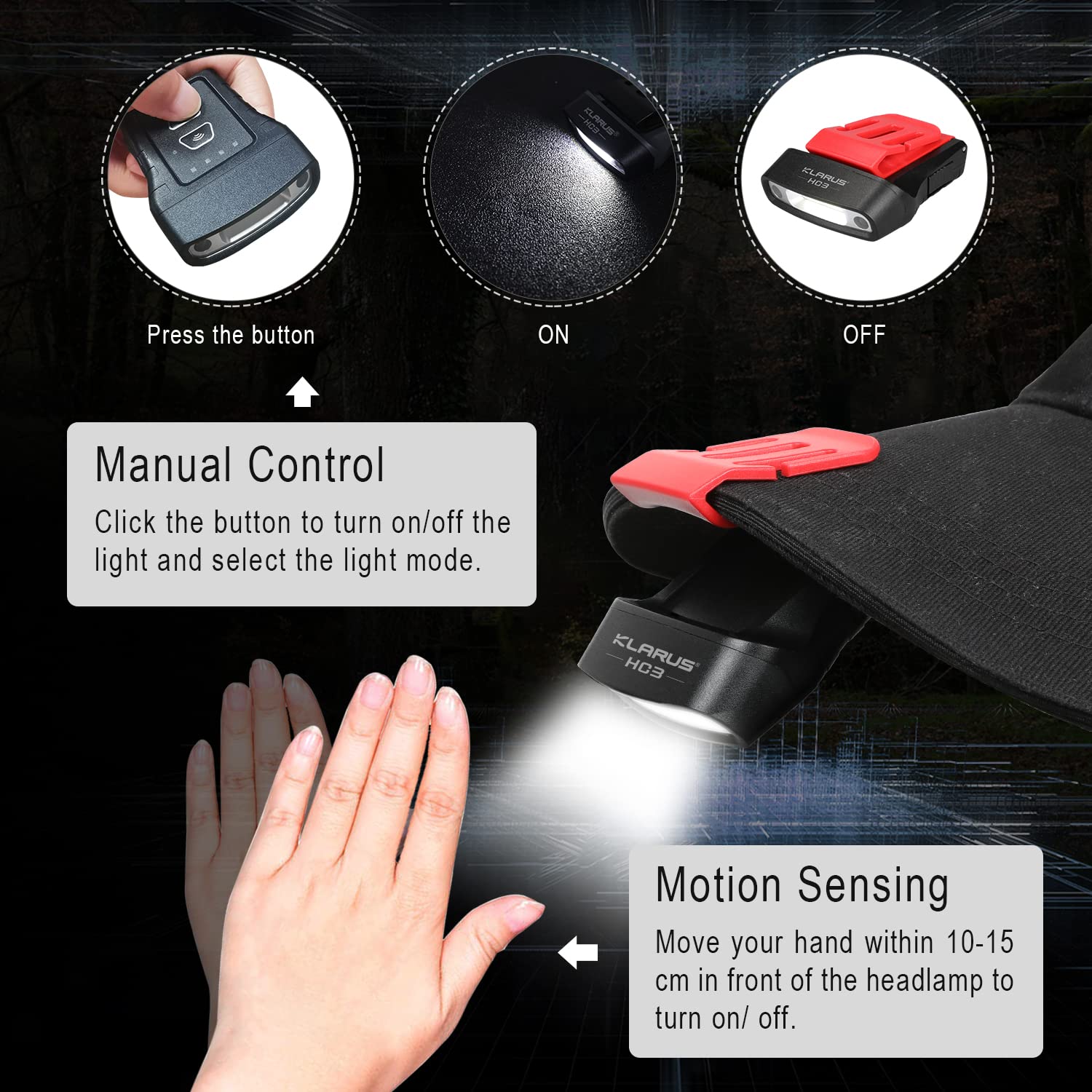 Klarus HC3 Rechargeable Motion Sensor Cap Light - 100 Lumens COB LED - Black Red - Ideal for Fishing, Running, Camping, Reading
