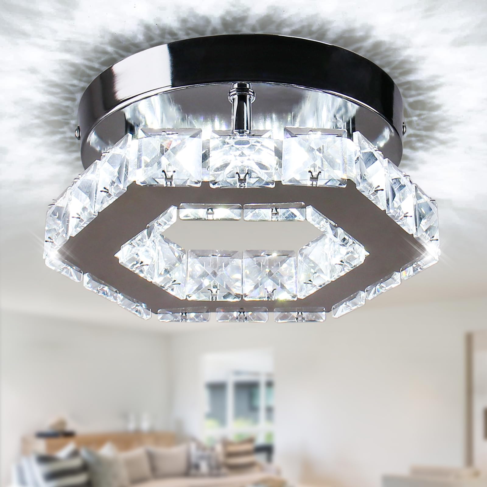 Cainjiazh Mini Chandelier Crystal LED Ceiling Light Fixture Modern Pendant Lamp Semi Flush Mount Crystal Ceiling Lighting for Ha