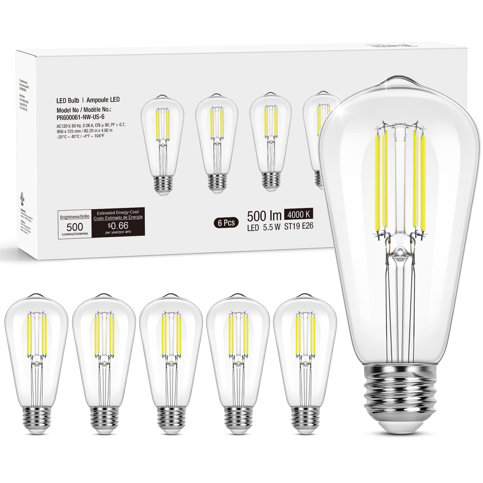 Lepro Edison Dimmable LED Light Bulbs 60 Watt Equivalent, 4000K Netural White E26 Edison Bulbs, Filament Vintage Bulb Clear Glas
