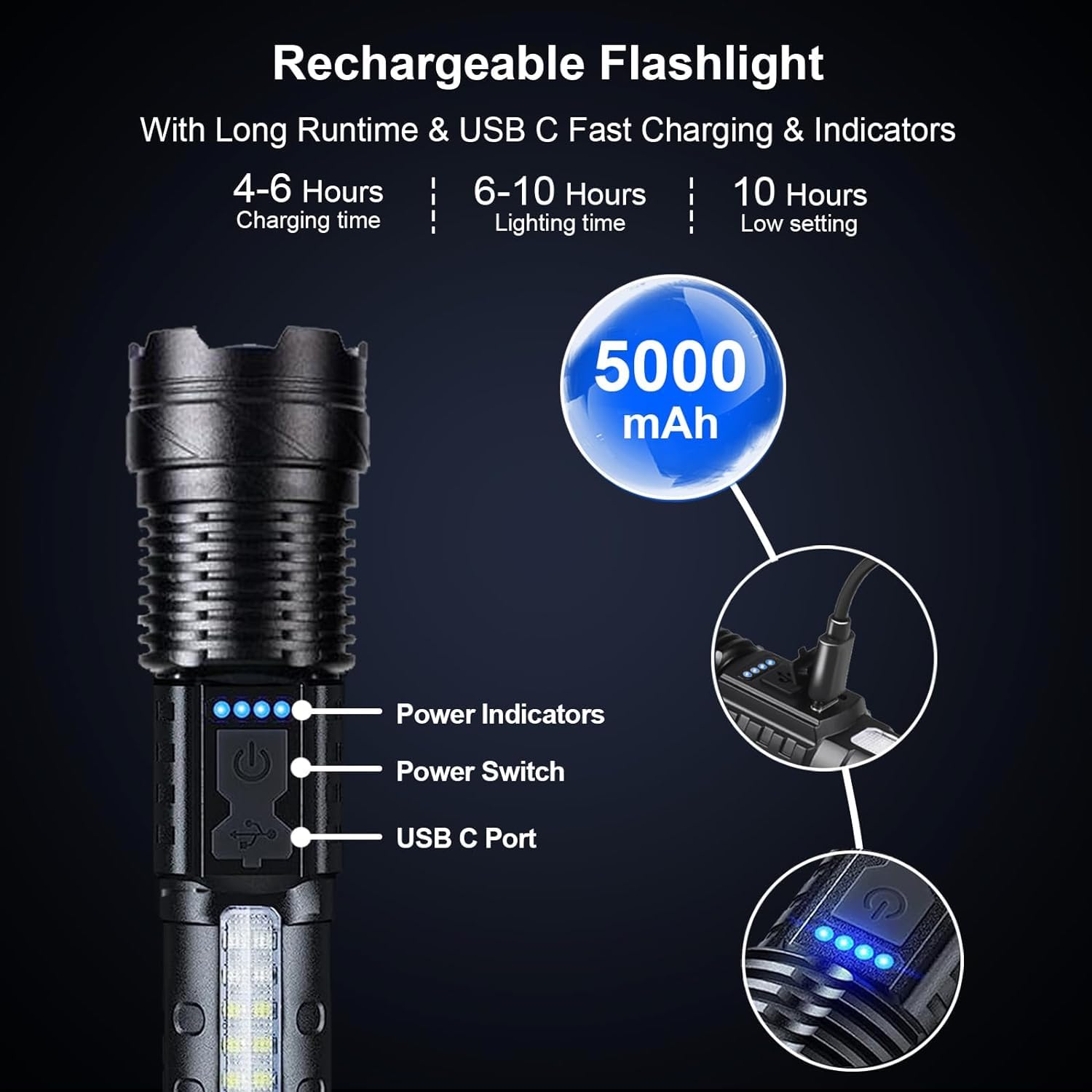 Flashlights High Lumens Rechargeable 2 Pcs, 1,000,000 Lumens Led Tactical Flashlight Battery Powered With 7 Light Modes, Cob Sid