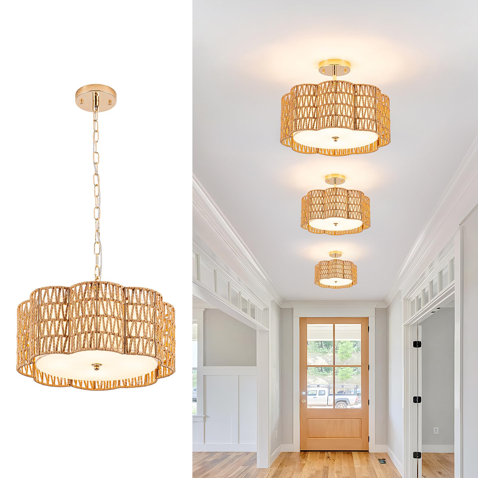 Plum Blossom Ceiling Light & Rattan Chandelier With Fabric Shade(16.5'' 4Light) | Vul-Listed Flush Mount & Fire-Safe Pc Panels F