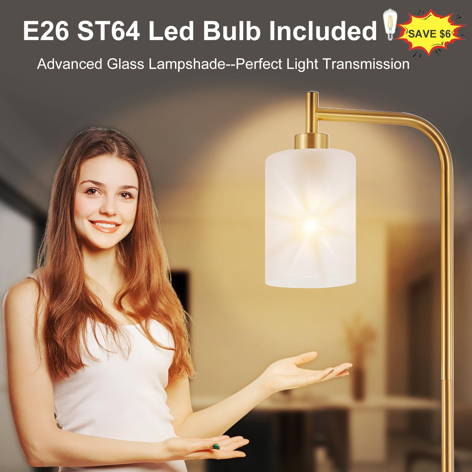 Dllt Floor Lamp Tall For Room: Gold Standing Lamp With Frosted Glass Lampshade For Living Room - Modern Bright Lamp For Bedroom