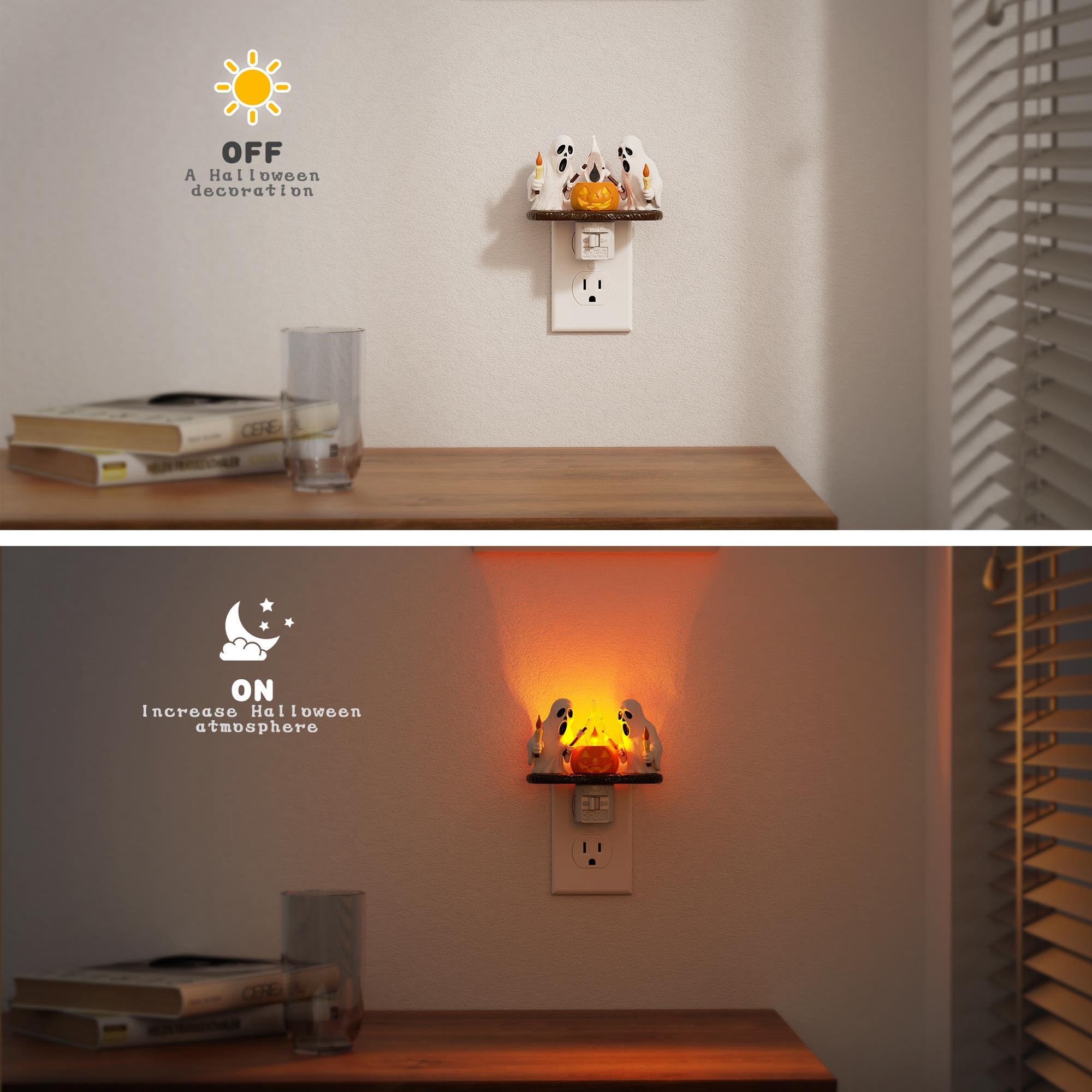 Halloween Night Light,Amber Night Lights Plug into Wall,Cute & Funny Flaming Jumping Night Light,Plug in Ghost & Pumpkin Nightli