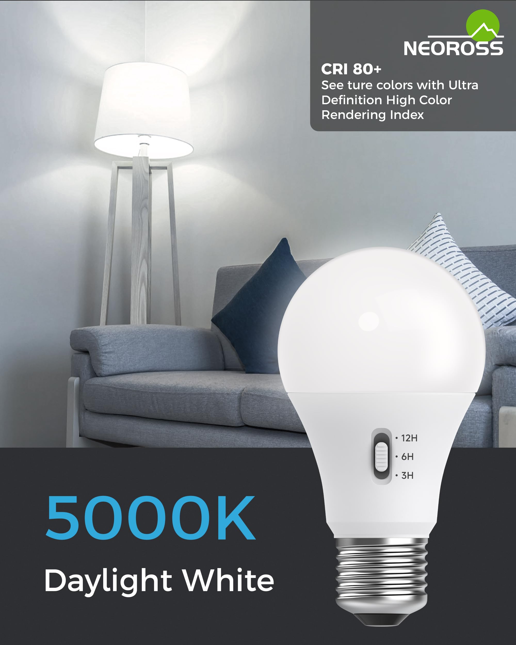 NEOROSS 100W LED Timer Light Bulb, 5000K Daylight, E26 Base, 12/6/3H Timer, 1200LM, Non-Dimmable
