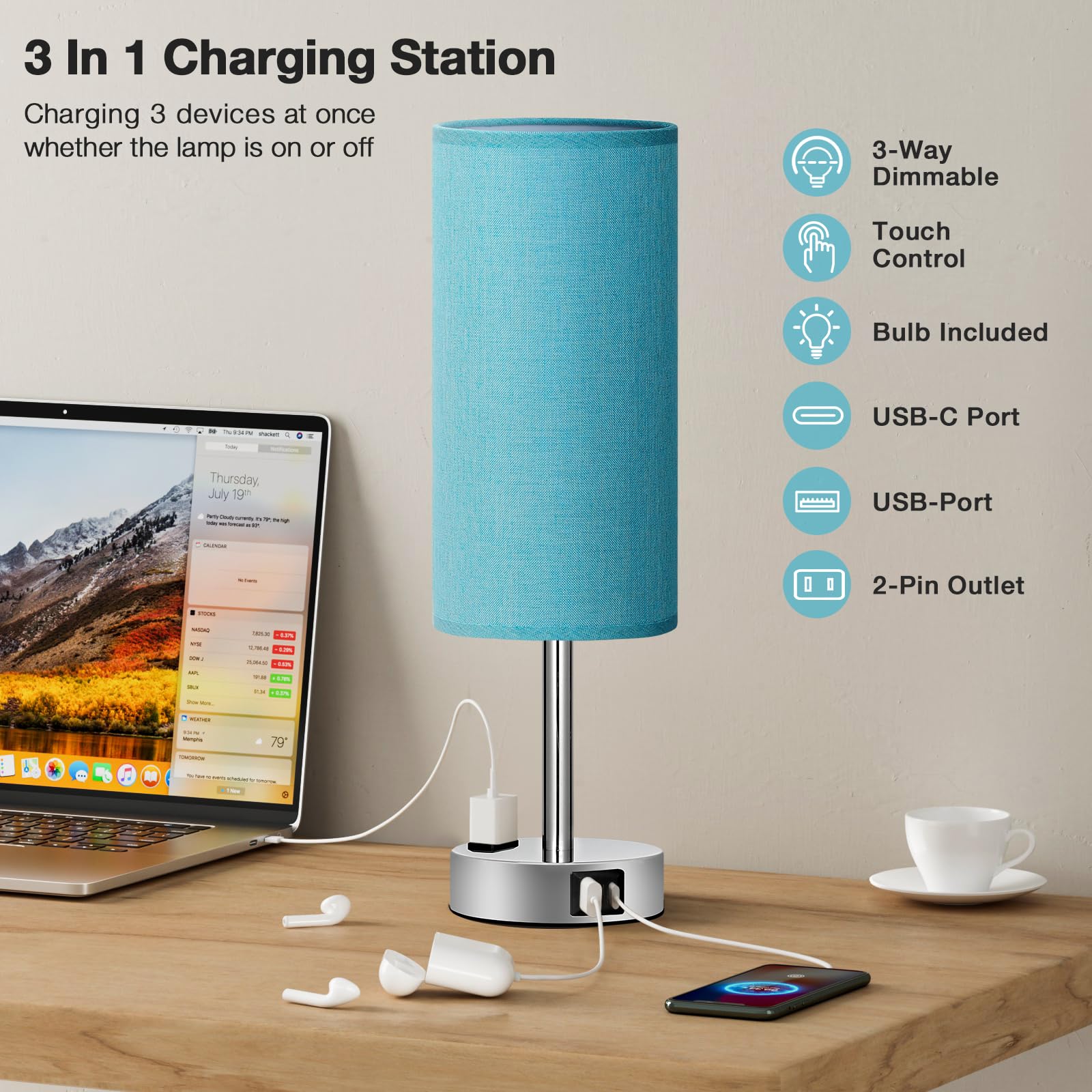 Fenmzee Turquoise Nightstand Table Lamp For Bedroom - 3 Way Dimmable Touch Lamp Usb A And C Charging Ports And Ac Outlet, Small