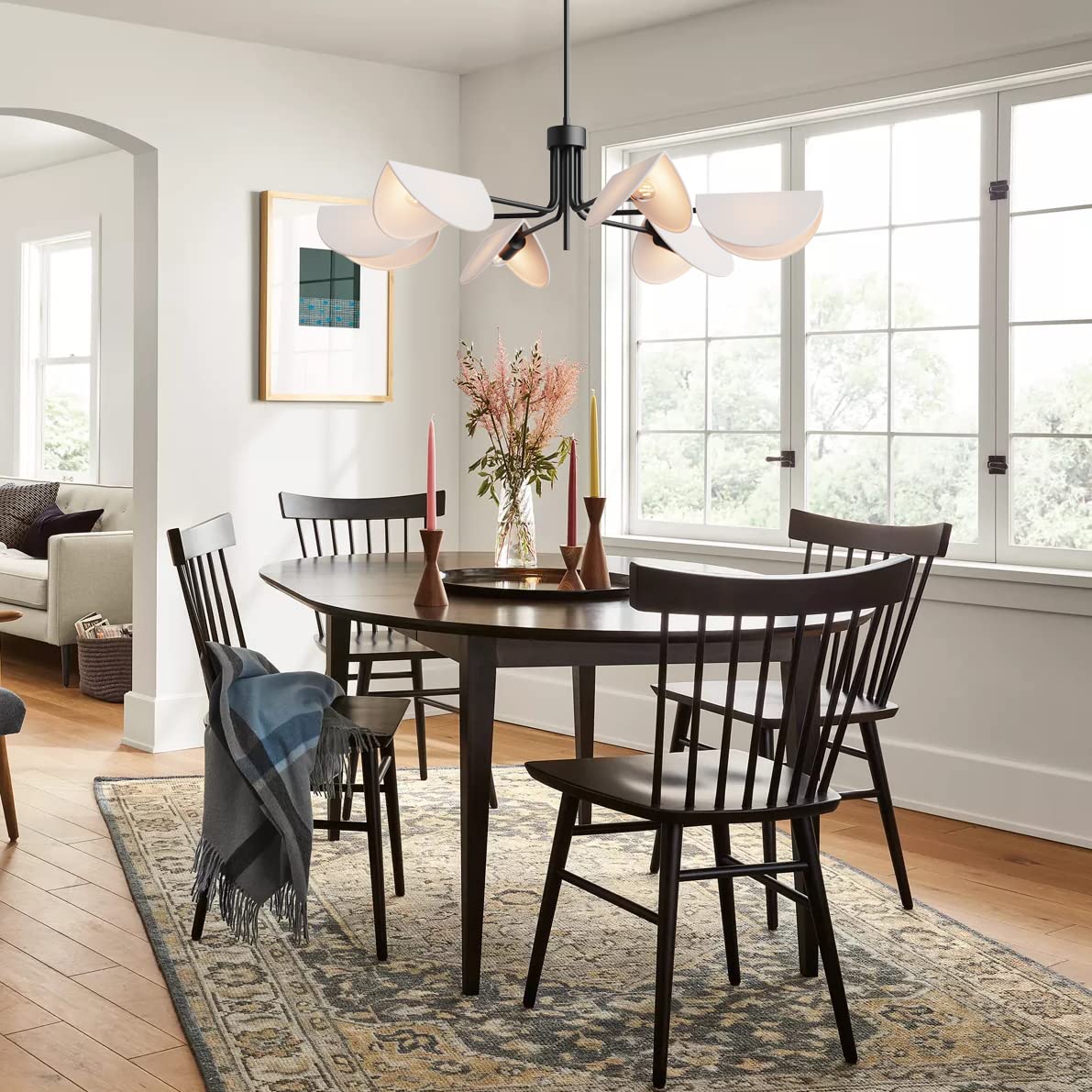 Seol-Light 6-Light Fold White Linen Blossom Shades Chandelier With Black Metal Stems,E12,240W,35'' Dia Large;