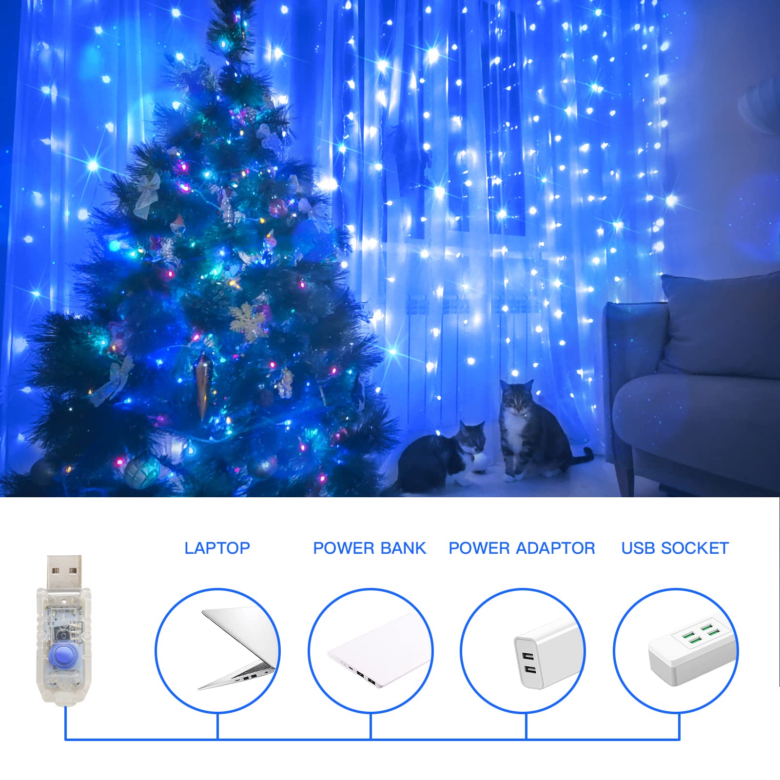 suddus 200 LED Curtain Lights - Blue Waterproof Fairy String Lights for Bedroom, Backdrop, Window, Wall, Party, Model SD-200CUSB