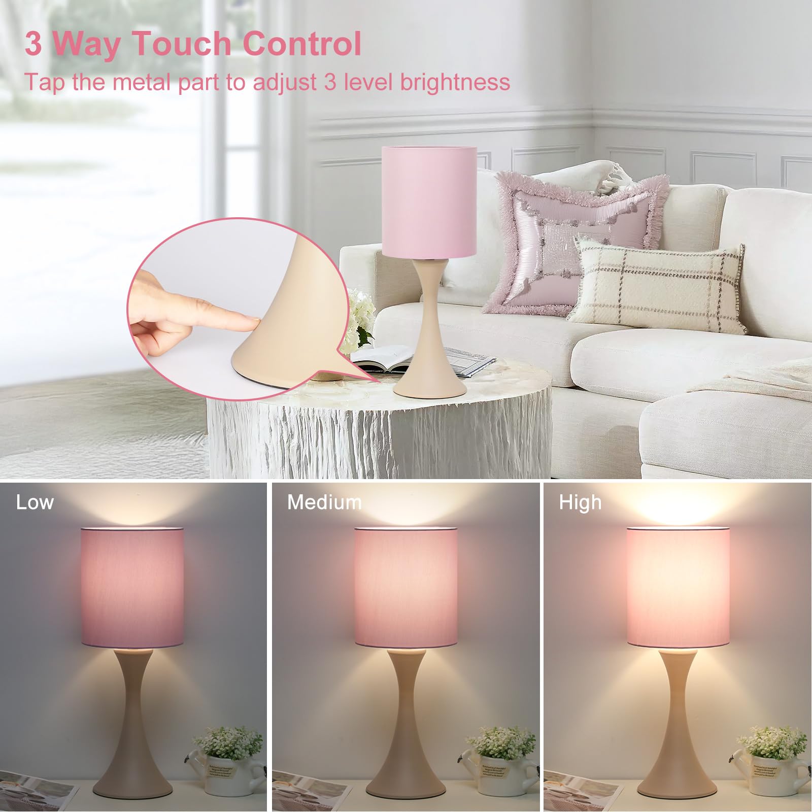 Pink Touch Lamp, 3 Way Touch Control Desk Lamp, Bedside Dimmable Lamp Decorative Nightstand Lamp, Small Night Light For Girls, L