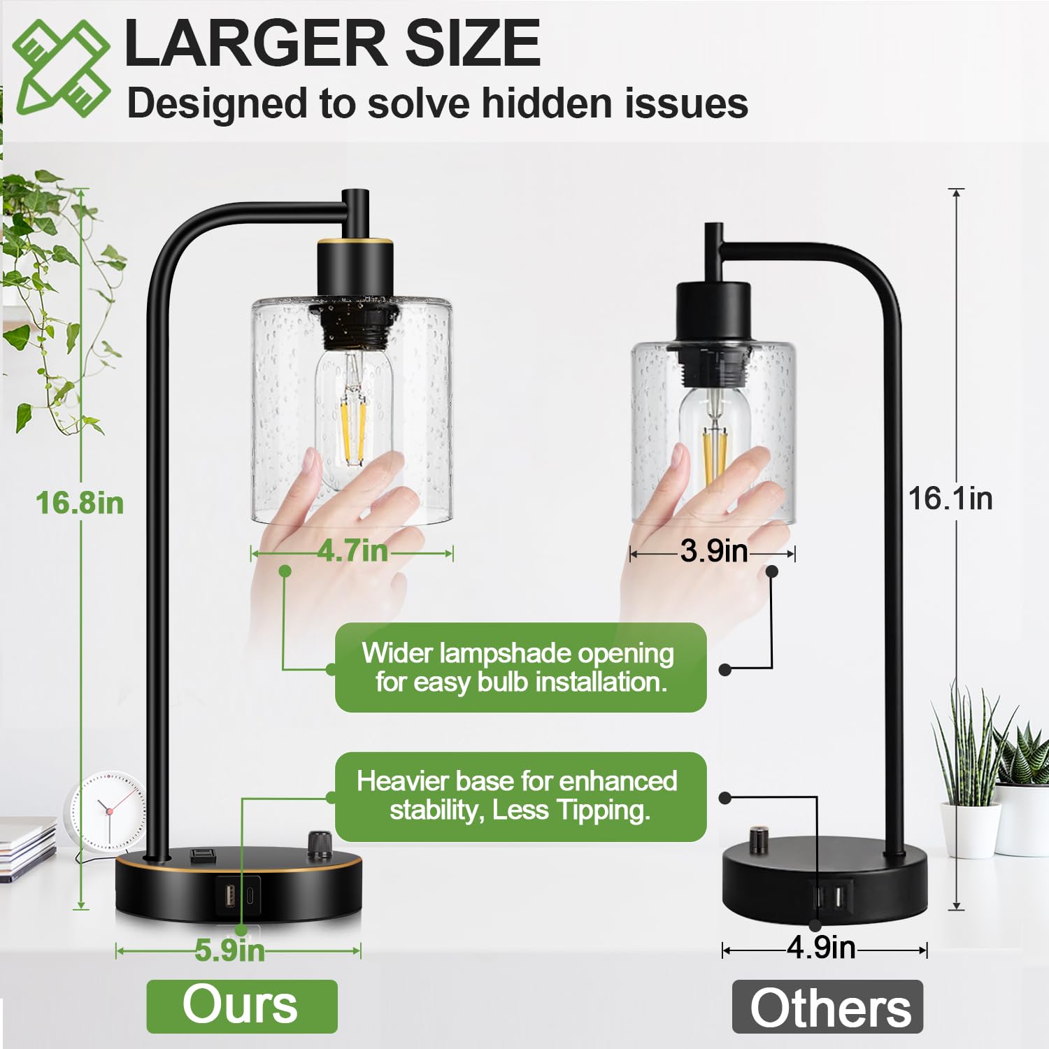 Set Of 2 Black And Gold Industrial Table Lamps With 2 Usb Port, Fully Stepless Dimmable Bedside Lamps For Bedrooms, Nightstand D