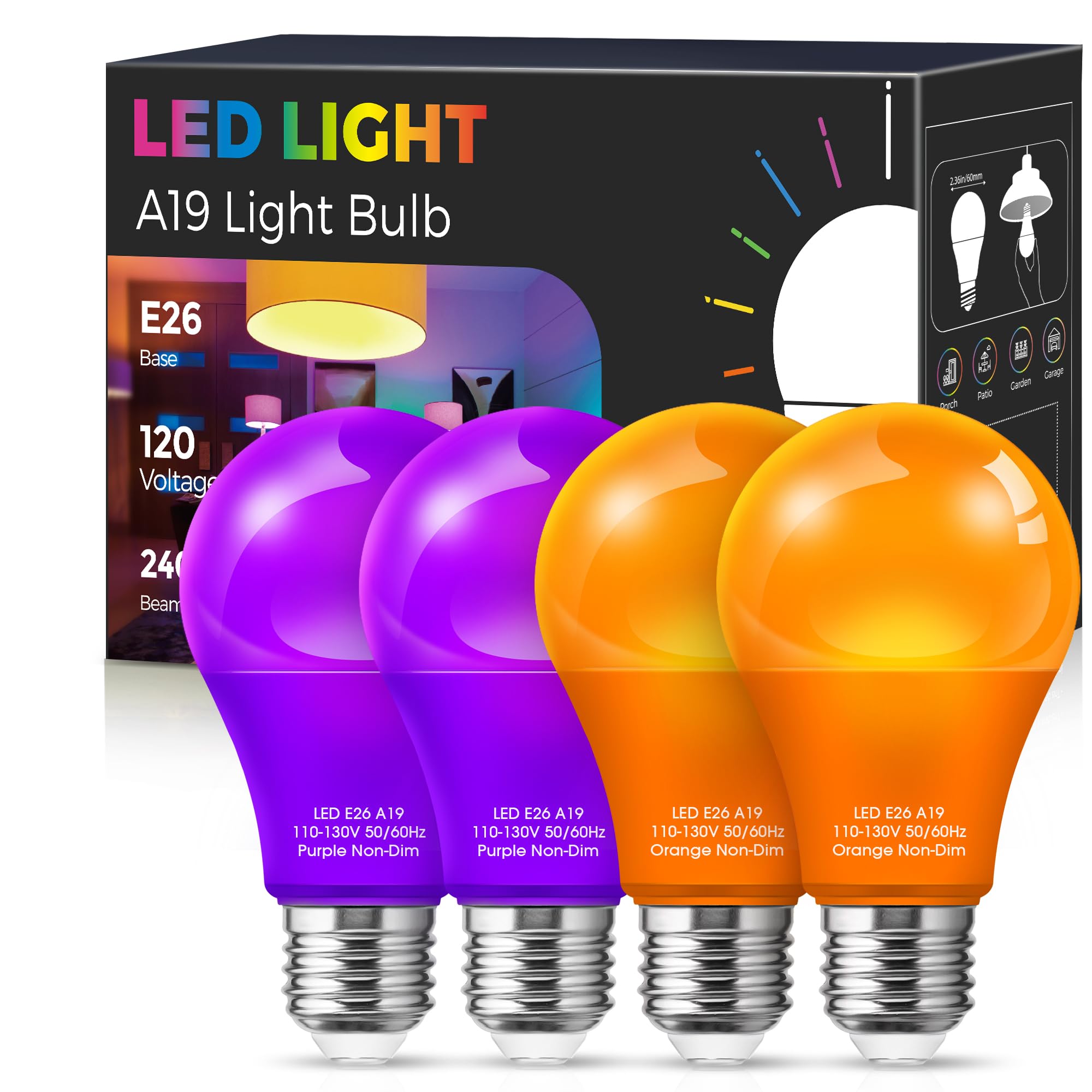 Fulighture Purple Orange Led Light Bulbs - 4 Pack A19 Halloween & Party Decor, 9W E26