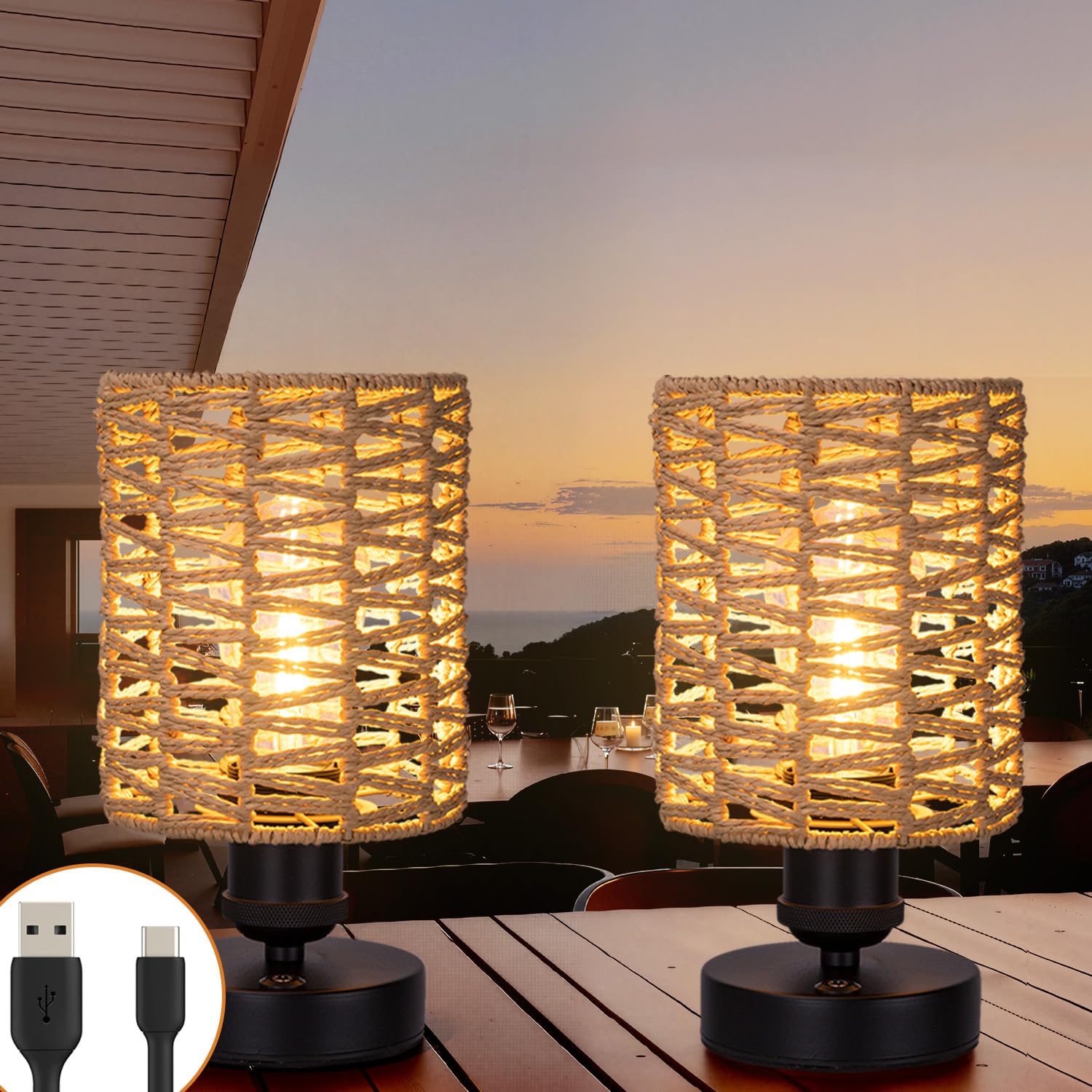 All Fortune Cordless Outdoor Table Lamps, Small Rattan Boho, Rechargeable Battery Operated For Outdoor Patio, Home, Living Room,