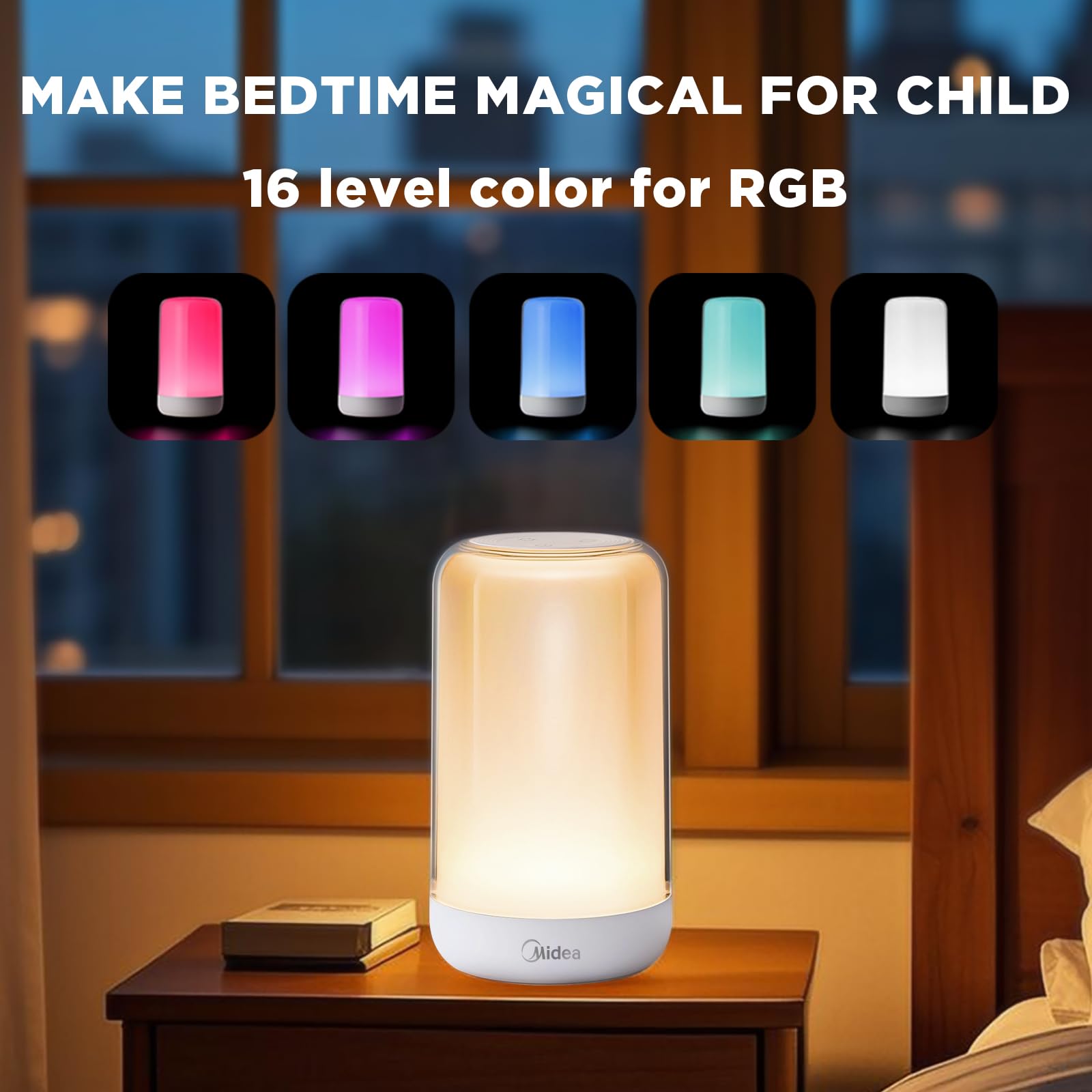 Midea RGB Touch Lamp, 1200mAh Rechargeable, Dimmable, Portable, Baby-Safe Material, Model MYD-2Y1, White/Warm/Natural