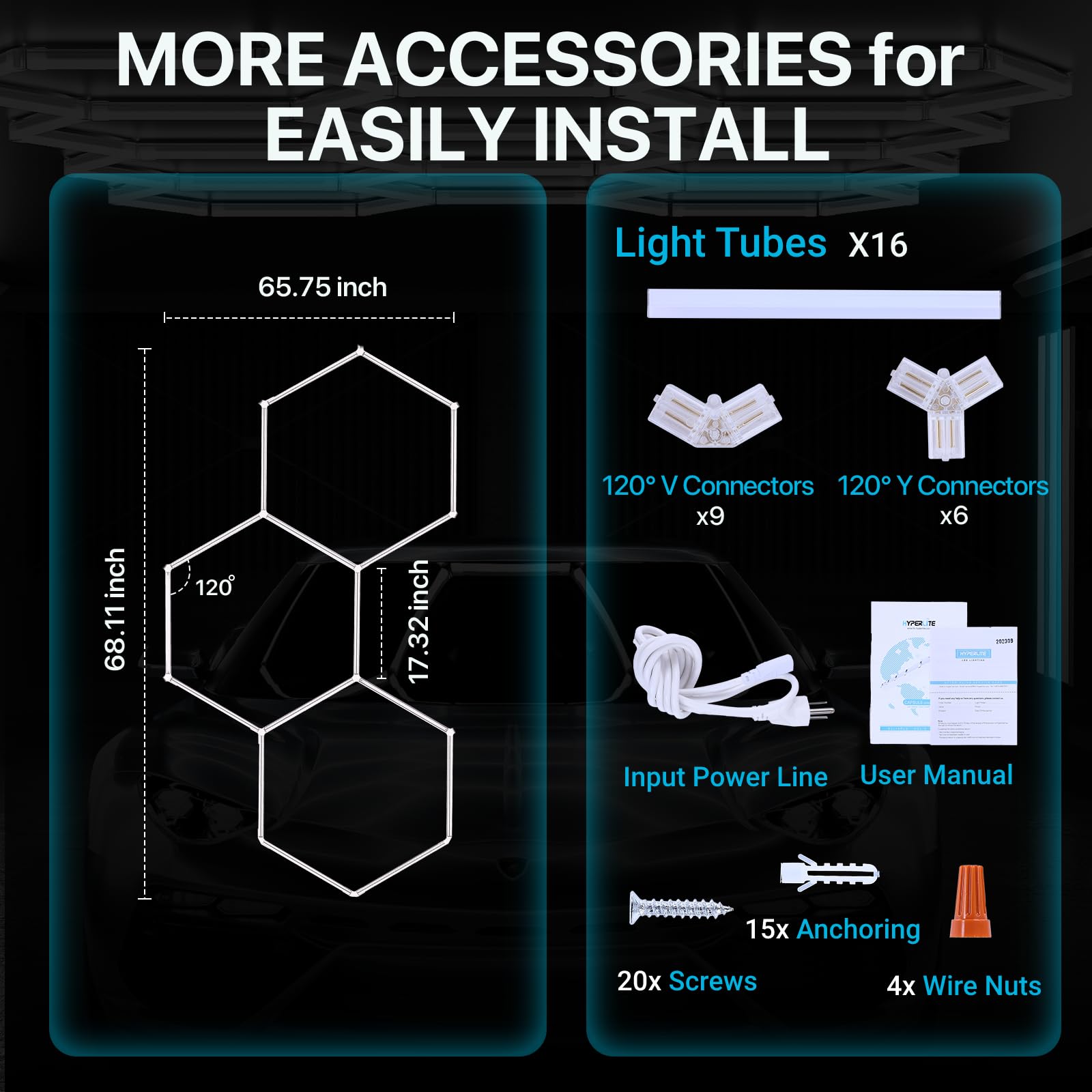 HYPERLITE Gen 2 Hexagon LED Garage Light, 105W 10500LM, 3-Level Dimmable, 3 Hex, White, Model AC3HEX-DM