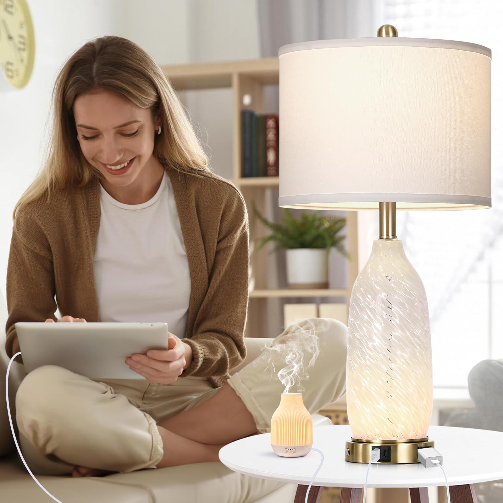 Rinweey 26'' Peacock Green Glass Table Lamps Set Of 2,Coastal Nautical Bedside Lamps With Usb Ports & Ac Outlet,Lamparas Elegant