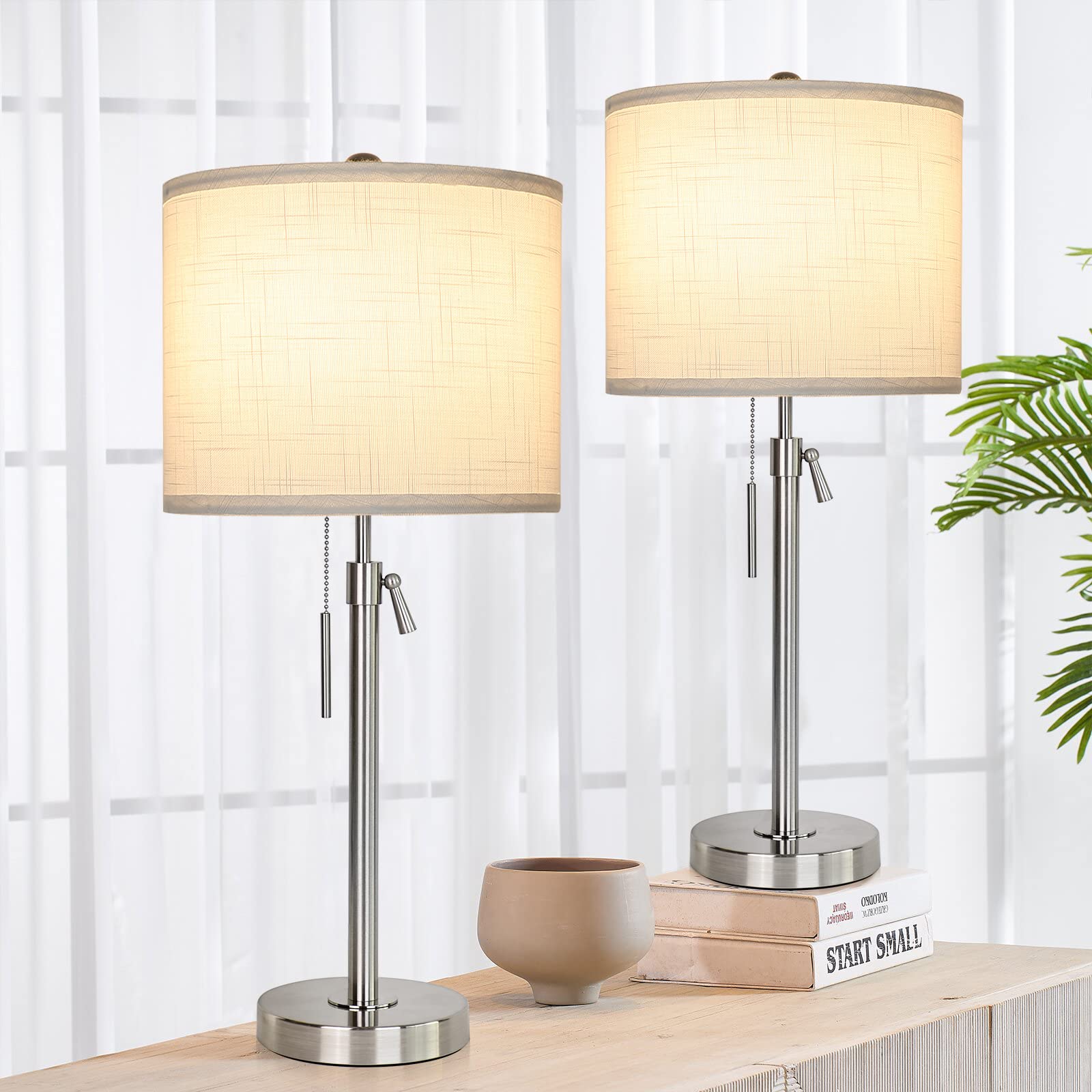 Qingmiao Brushed Nickel Table Lamps Set Of 2, 22-30&quot; Height Adjustable With Linen Shade
