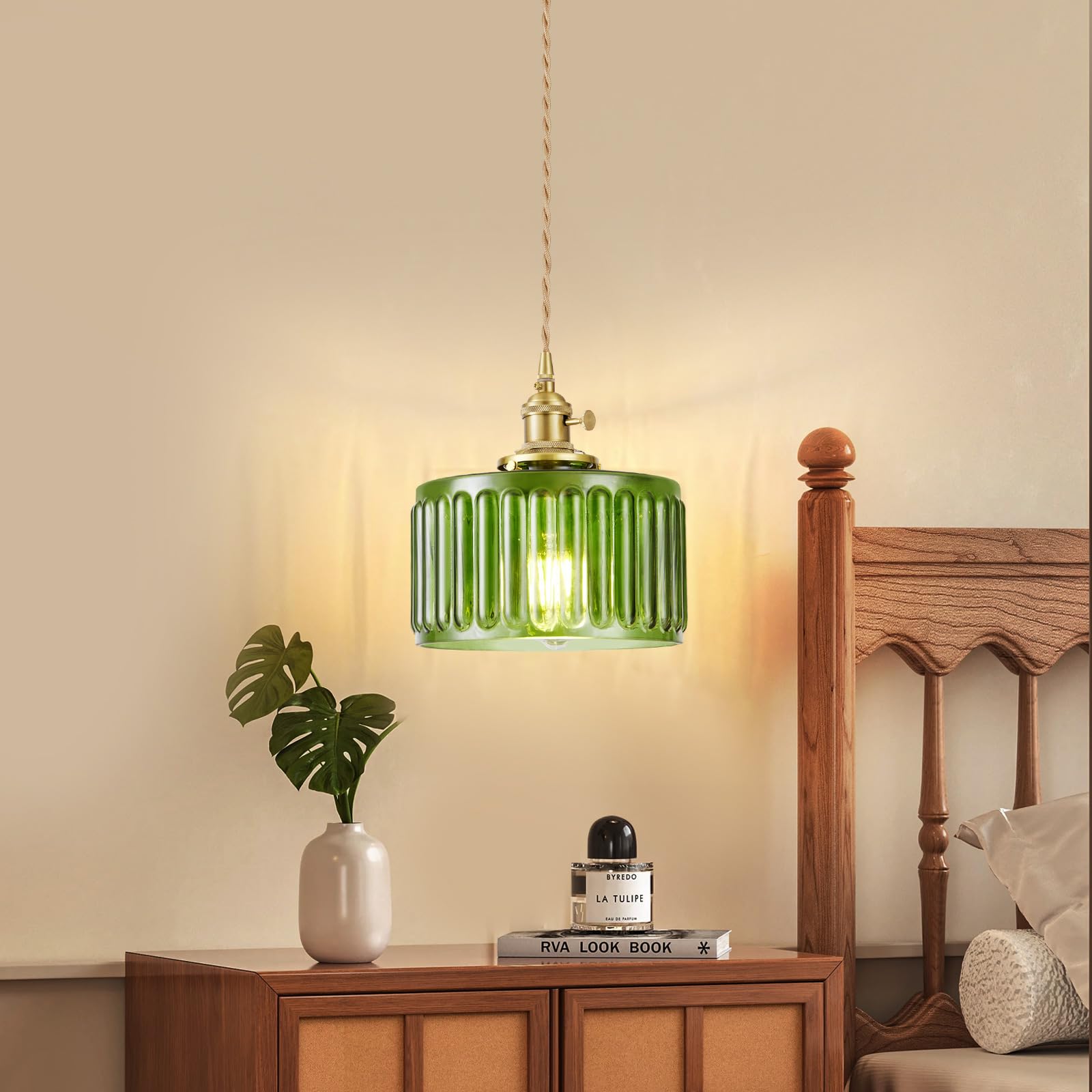 Beserwin Plug In Pendant Light  Hanging Lights With Plug In Cord  Hanging Light Fixture With Clear Glass  E26 Pendant Lighting For Kitchen Island  Bedroom  Dining Room  Living Room-Green
