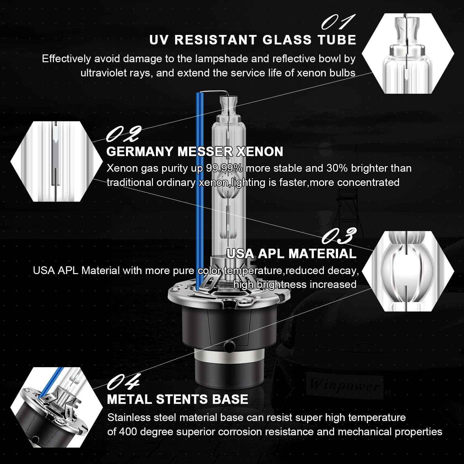 WinPower D2S HID Headlight Bulb 8000K Ice Blue White 35W Metal Base High Low Beam Replacement Pack of 2