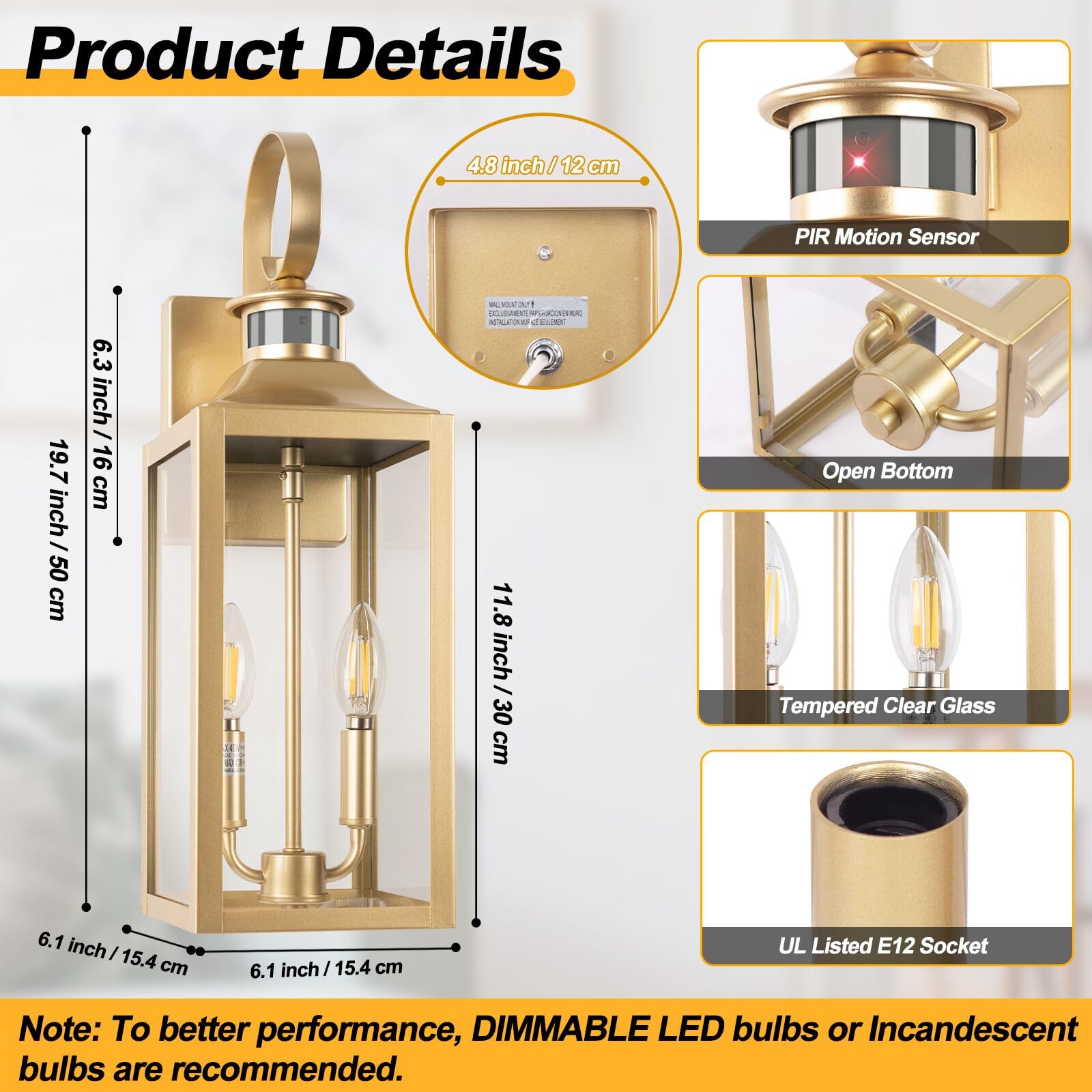 Yolsunes 20&quot; Gold Motion Sensor Outdoor Light, Waterproof Wall Sconce, 3 Modes, Farmhouse Fixture