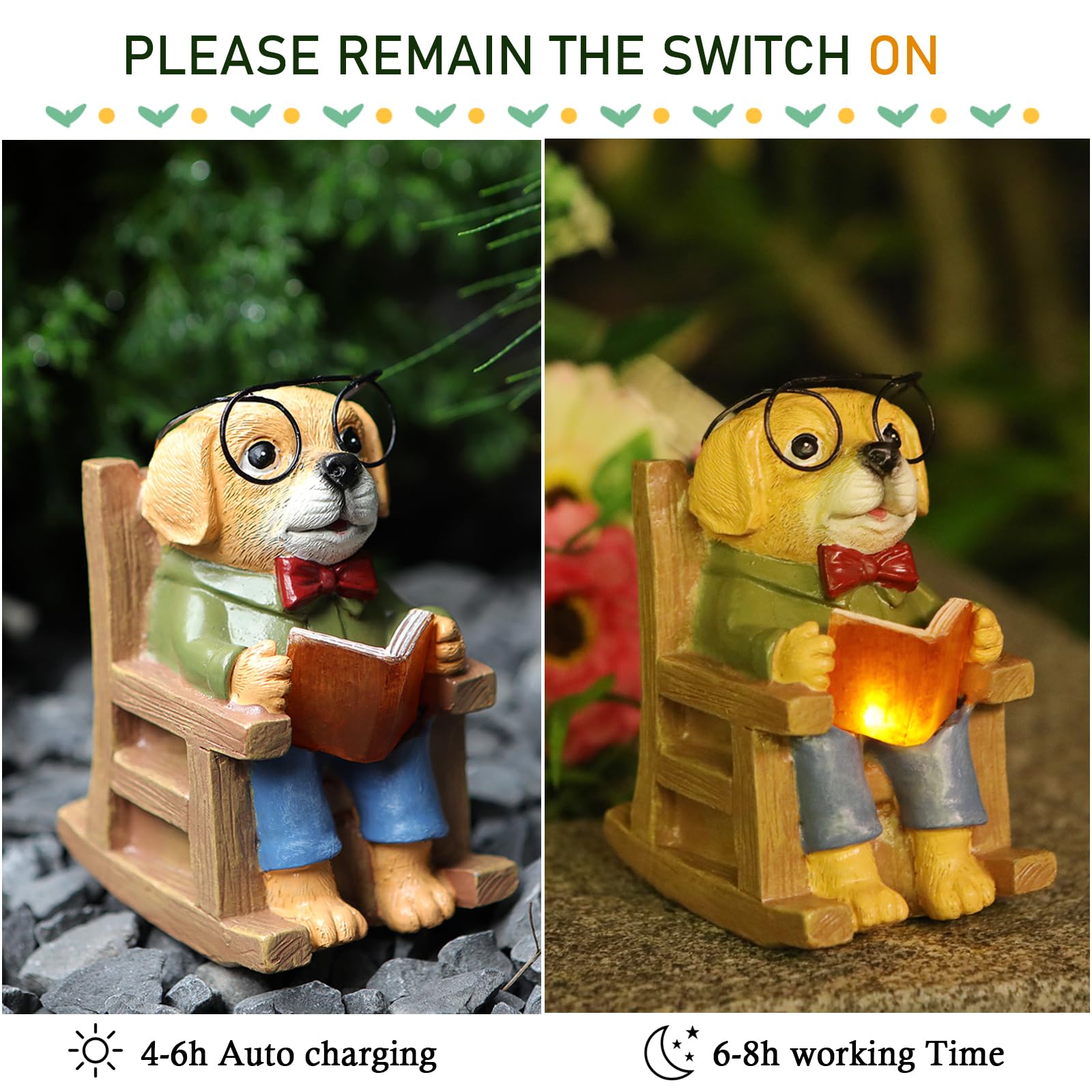 Foxmis Solar Garden Decor Statues Dog Figurines Mini Fairy Garden Accessories Outdoor Lights,Garden Art Patio Porch Balcony Yard