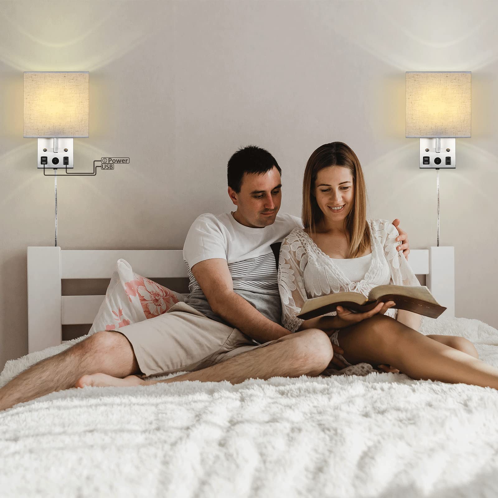 Caduke Wall Lamp Set Of 2, Plug-In With Usb Ports, Brushed Nickel, E26 Led Bulb Included, Modern Sconces For Bedroom & Living Room