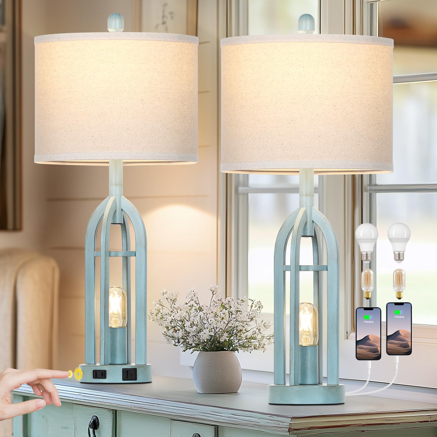 27'' Farmhouse Table Lamps for Living Room,Blue Vintage Lamps Set of 2 with USB A+C Charging Ports & AC Outlet, Retro Nightstand