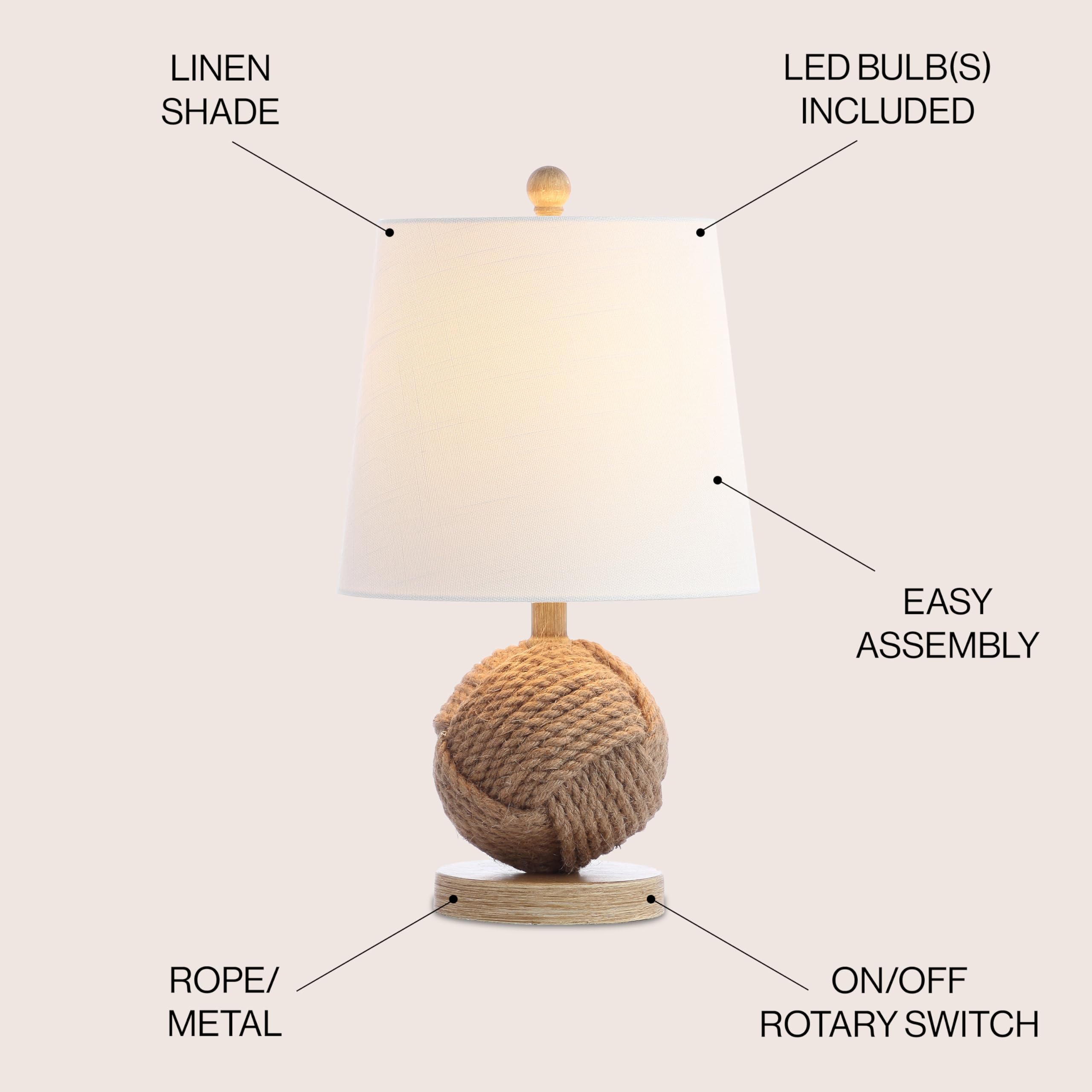 Jonathan Y Jyl6500A Monkey Fist 18'' Rope Ball Led Table Lamp Coastal Cottage Industrial Bedside Desk Nightstand Lamp For Bedroo