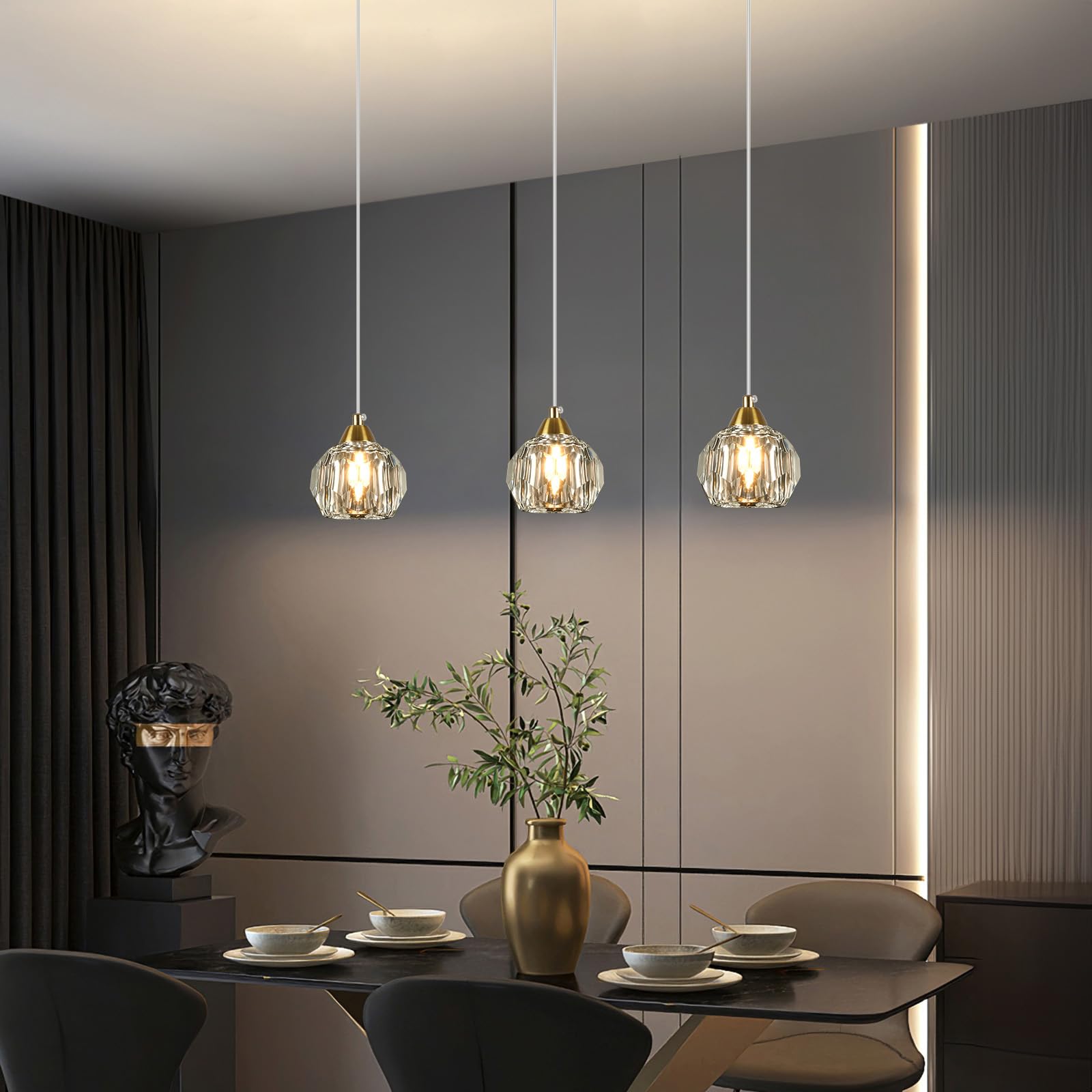 Weesalife Crystal Chandeliers, 3-Pack Brass Modern Pendant Light Fixture, A8817 for Dining Room, Kitchen Island, Bathroom, Bar