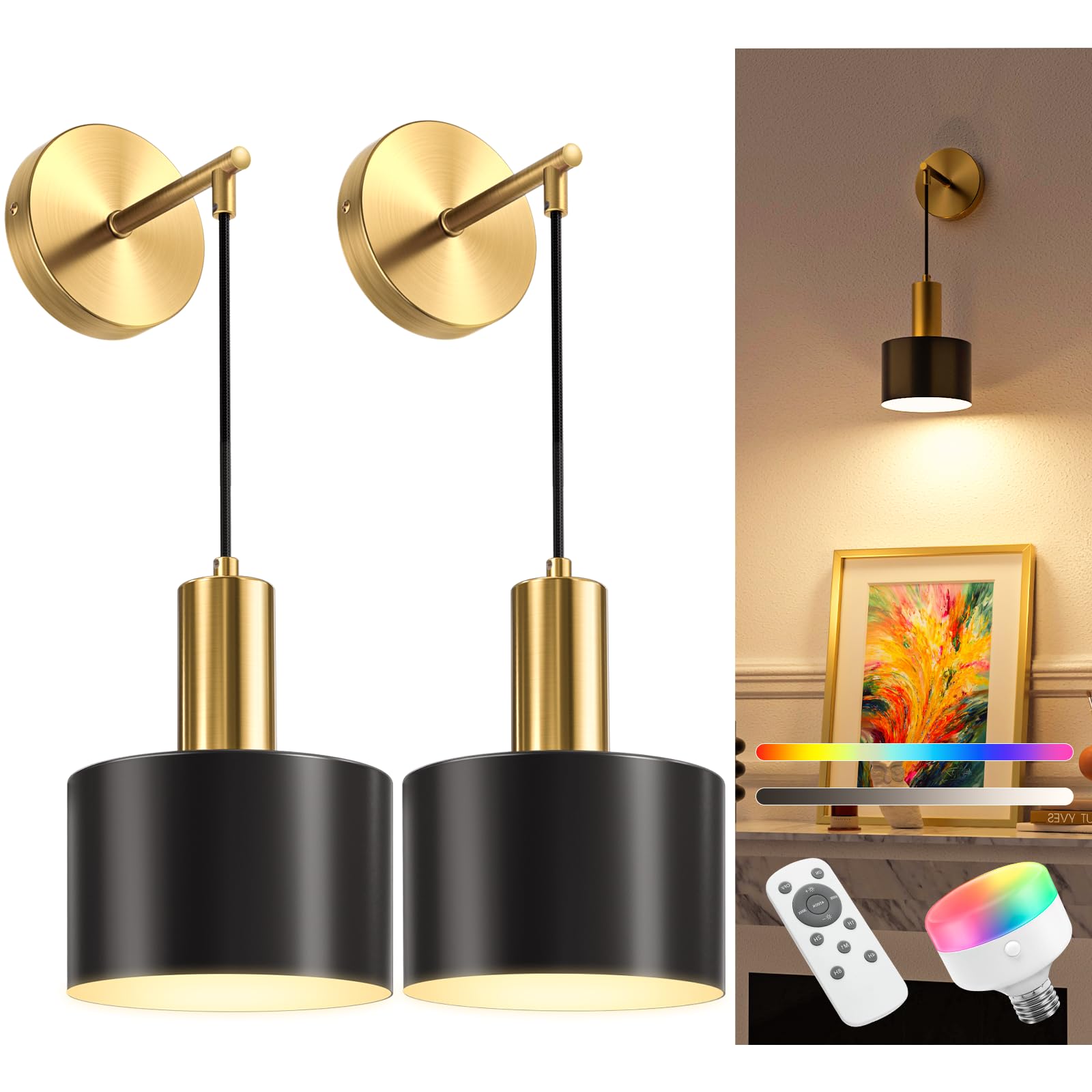 Niorsun Battery Operated Wall Sconce Set Of 2, Gold & Black Wireless Rechargeable Wall Lights With 5200Mah Dimmable Detachable B