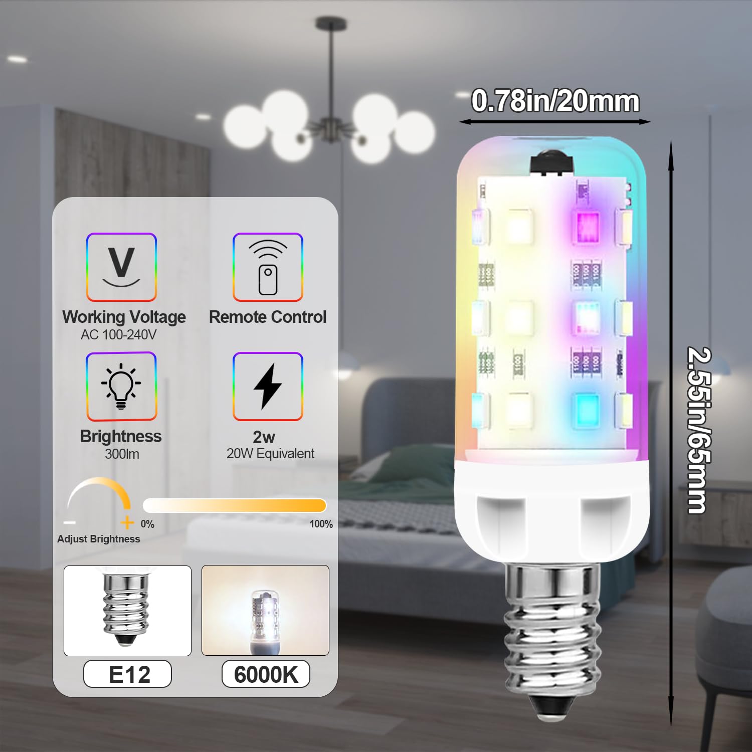 XRise E12 LED Bulb 2.5W Dimmable RGB+White Color Changing Remote Control E12 Base 6000K 250LM, 2 Pack