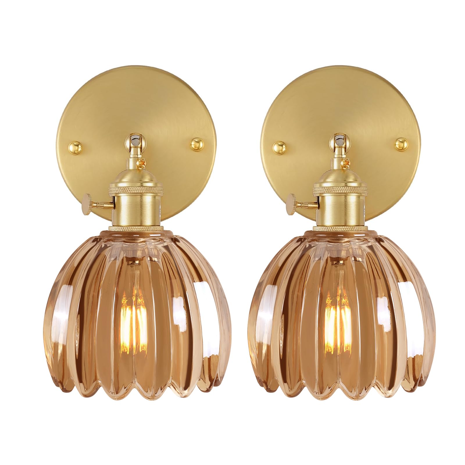 Shenmoyl Vintage Wall Sconces, 2 Light Hardwired, Adjustable Brass with Tulip Amber Glass Lampshade, Model 1-9415