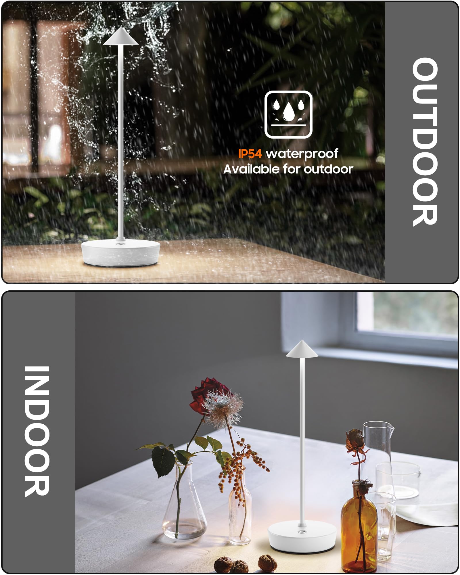 SHANGCAI Cordless Table Lamp, Rechargeable LED, Waterproof, Touch Dimmable, Aluminum, White