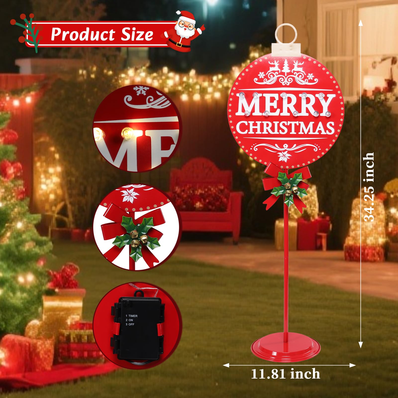 VCUTEKA Merry Christmas Sign with LED Light, 31.5 inches, Metal, Round, Battery Operated with Timer for Outdoor Yard Decor