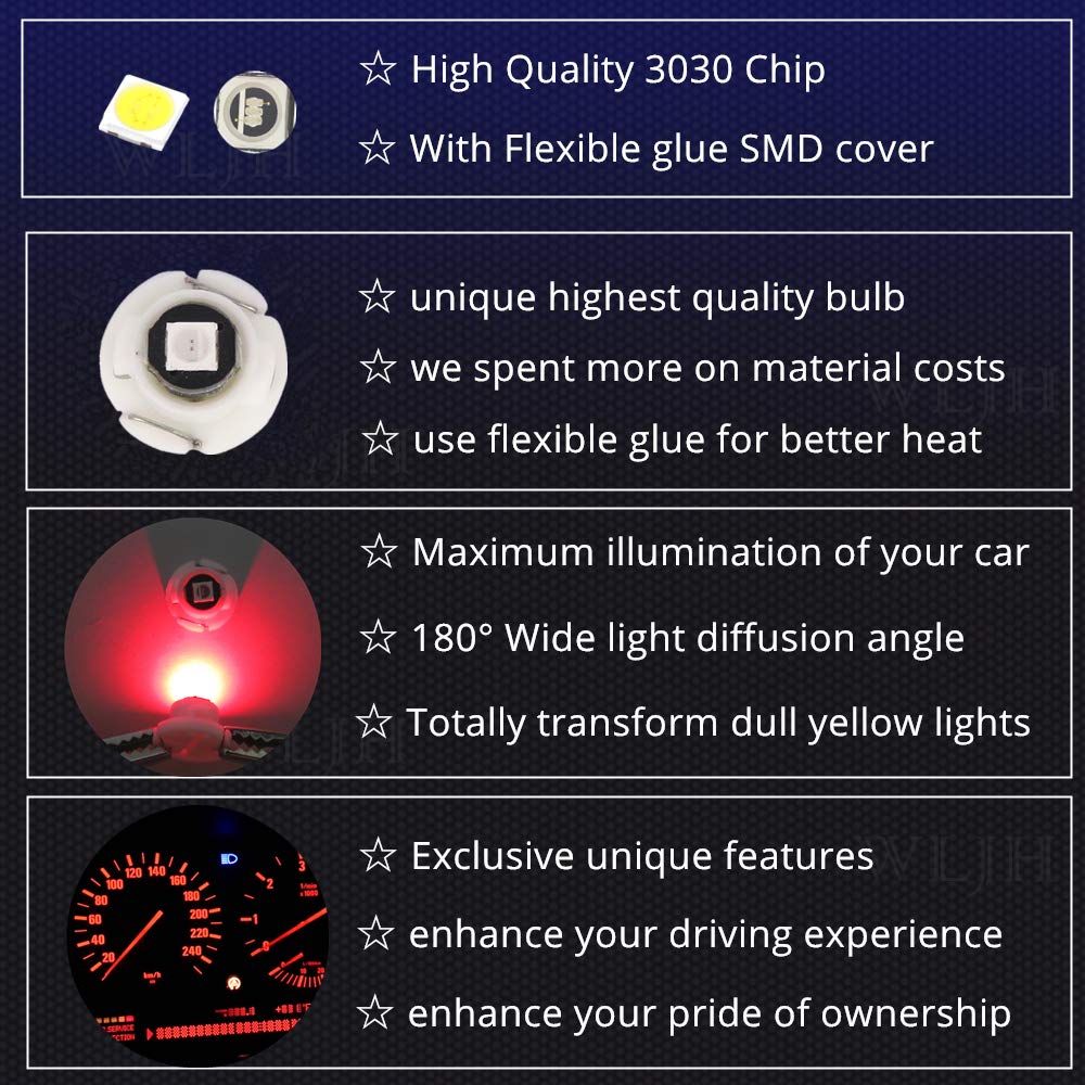 WLJH 10x Red T4.2 Neo Wedge LED Bulbs for Car Dashboard Instrument Cluster, HVAC, AC Heater, Interior Light Replacement