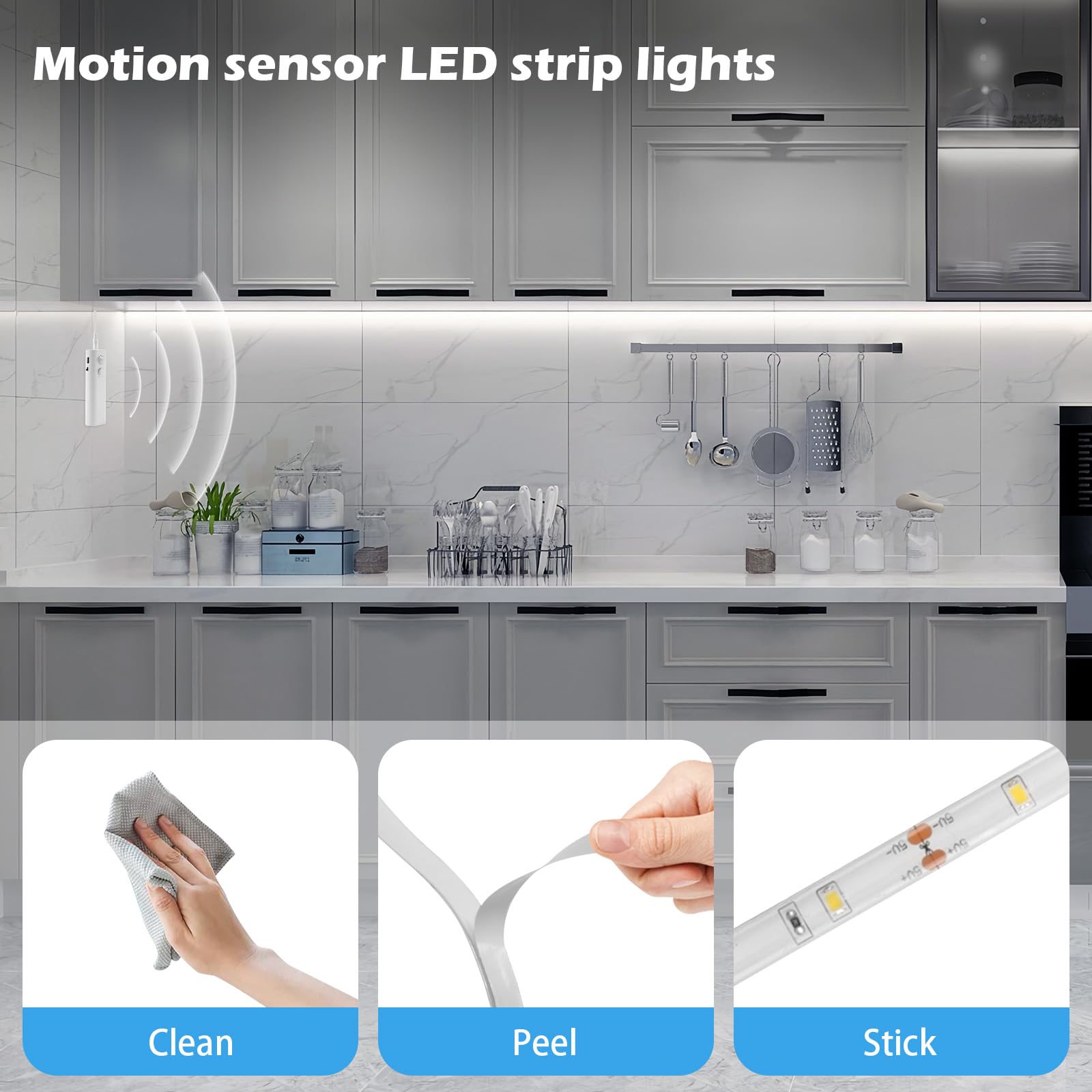Rechargeable Led Strip Lights For Cabinets - Luxjet Cool White Motion Sensor Led Strip Lights For Bedroom, Kitchen, Under Cabine