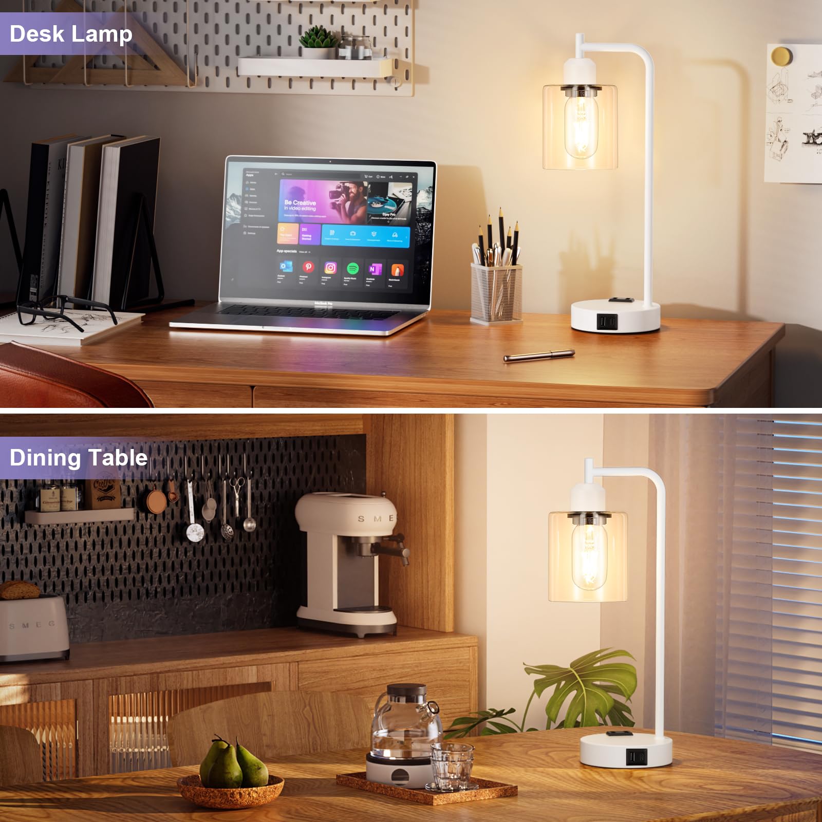 Innqoo Industrial White Table Lamps For Bedrooms Set Of 2-3-Way Dimmable Desk Lamp With Usb C+A Ports And Outlet, White Lamps Wi