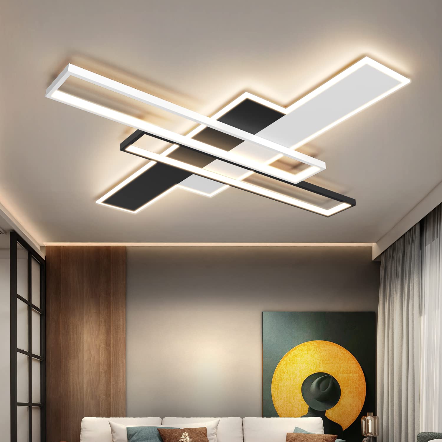 Okes 85W Led Ceiling Light Fixture With Remote, Dimmable 3000-6000K, Black Square Acrylic