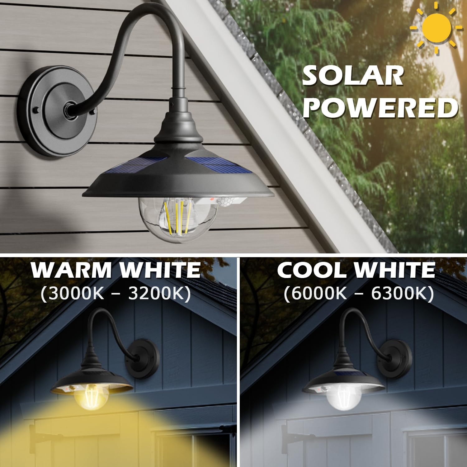 SIEDiNLAR Solar Barn Light Outdoor - 3 Modes, Waterproof Gooseneck Wall Light, Black, 2 Pack, Model SD035B-2PK