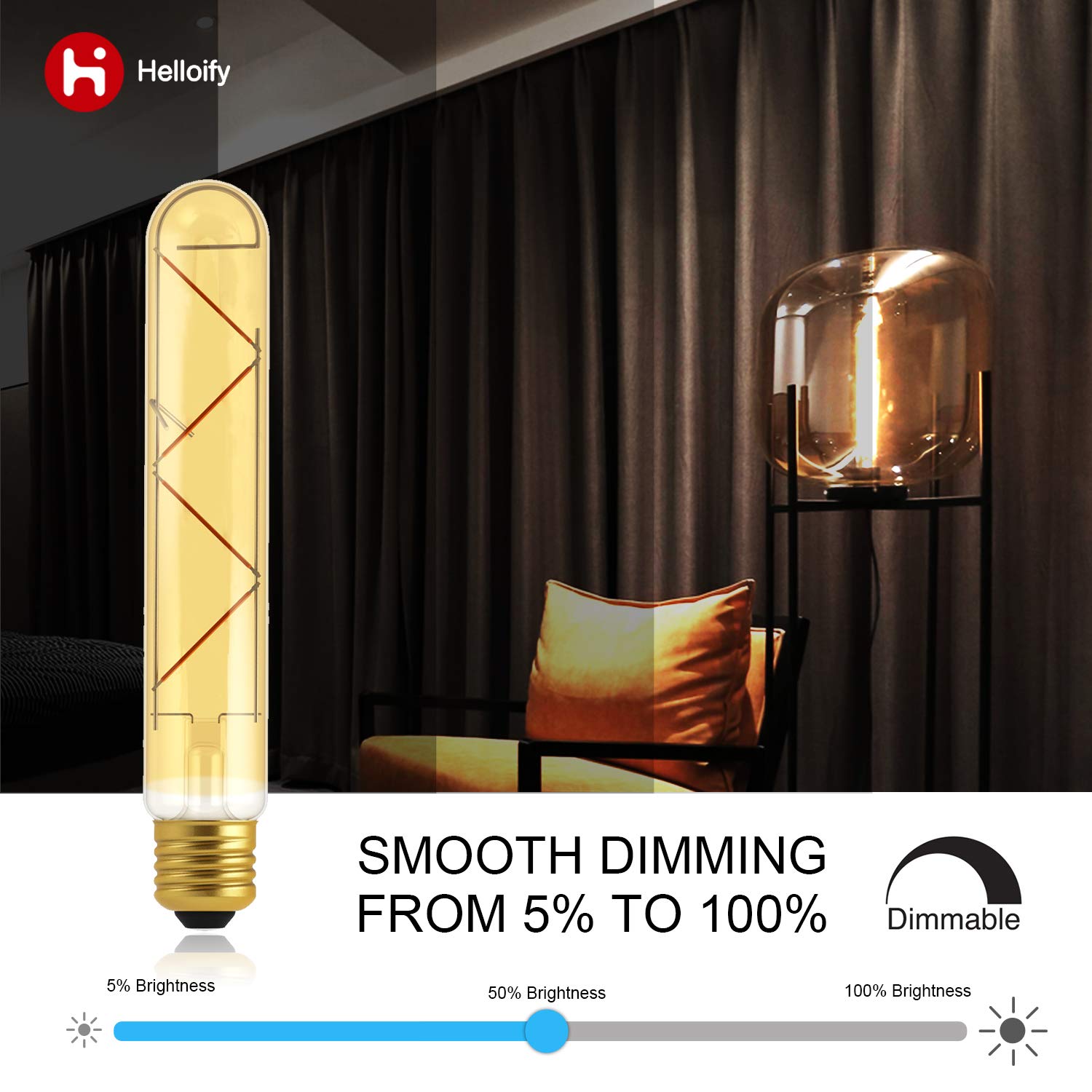 Helloify T10 Dimmable Vintage Led Edison Tubular Bulb, 40W Equivalent, High Brightness, Warm White 2500K, Amber Glass, Tube Cove