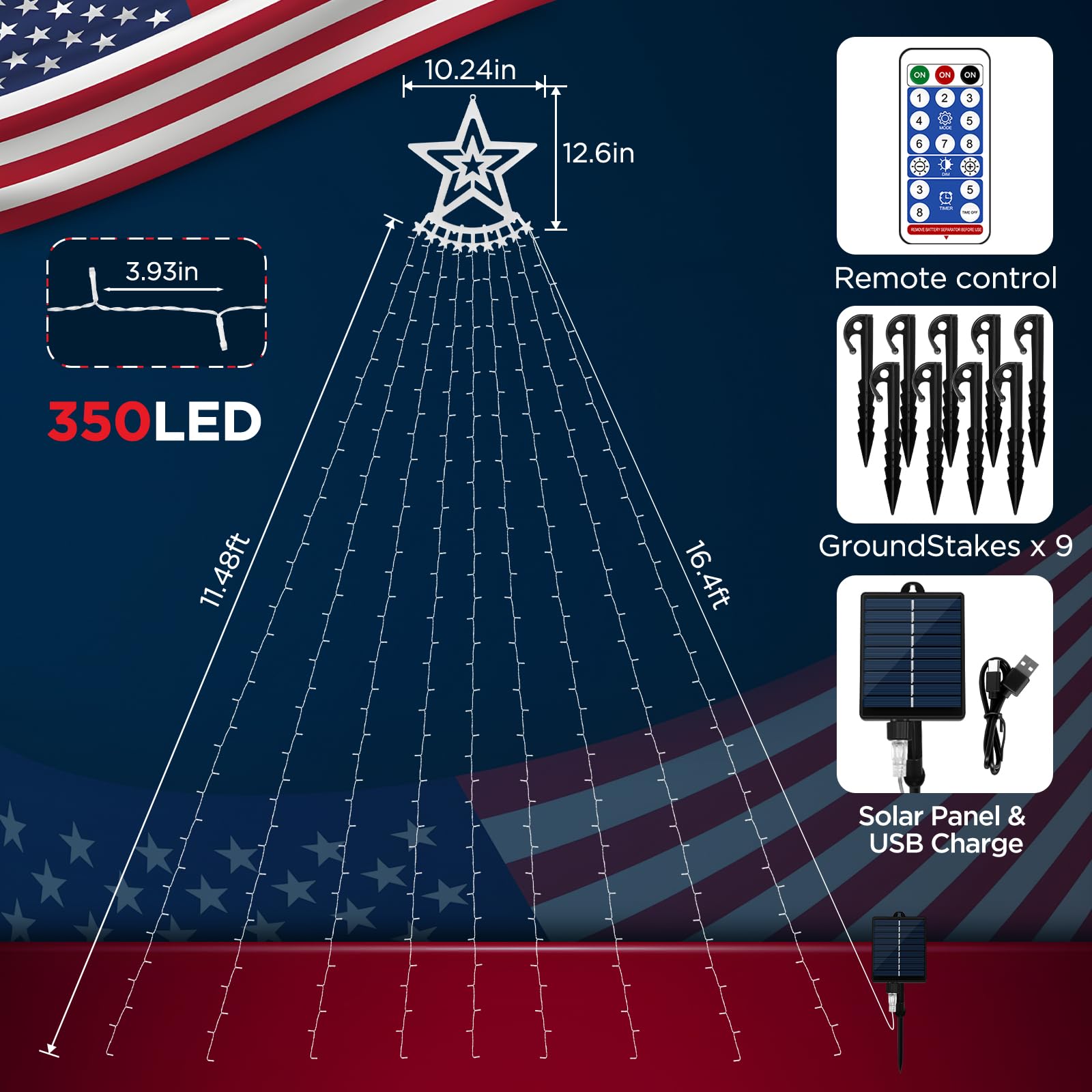 HELESIN Solar LED Lights - 350 LED Red White Blue Waterfall Lights with Remote Control, USB Powered, 8 Modes for Outdoor Decor