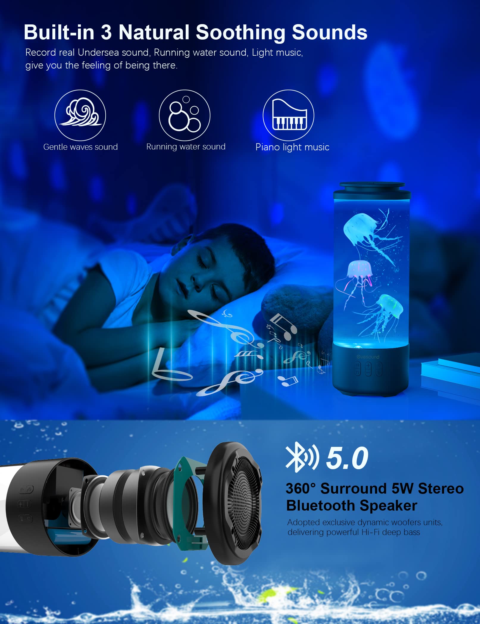 Eyesound Jellyfish Lamp Bluetooth Speaker, 12" Borosilicate Glass, 7 Color Modes, Mood Light for Home & Office, Black Jellyfish Model Y15